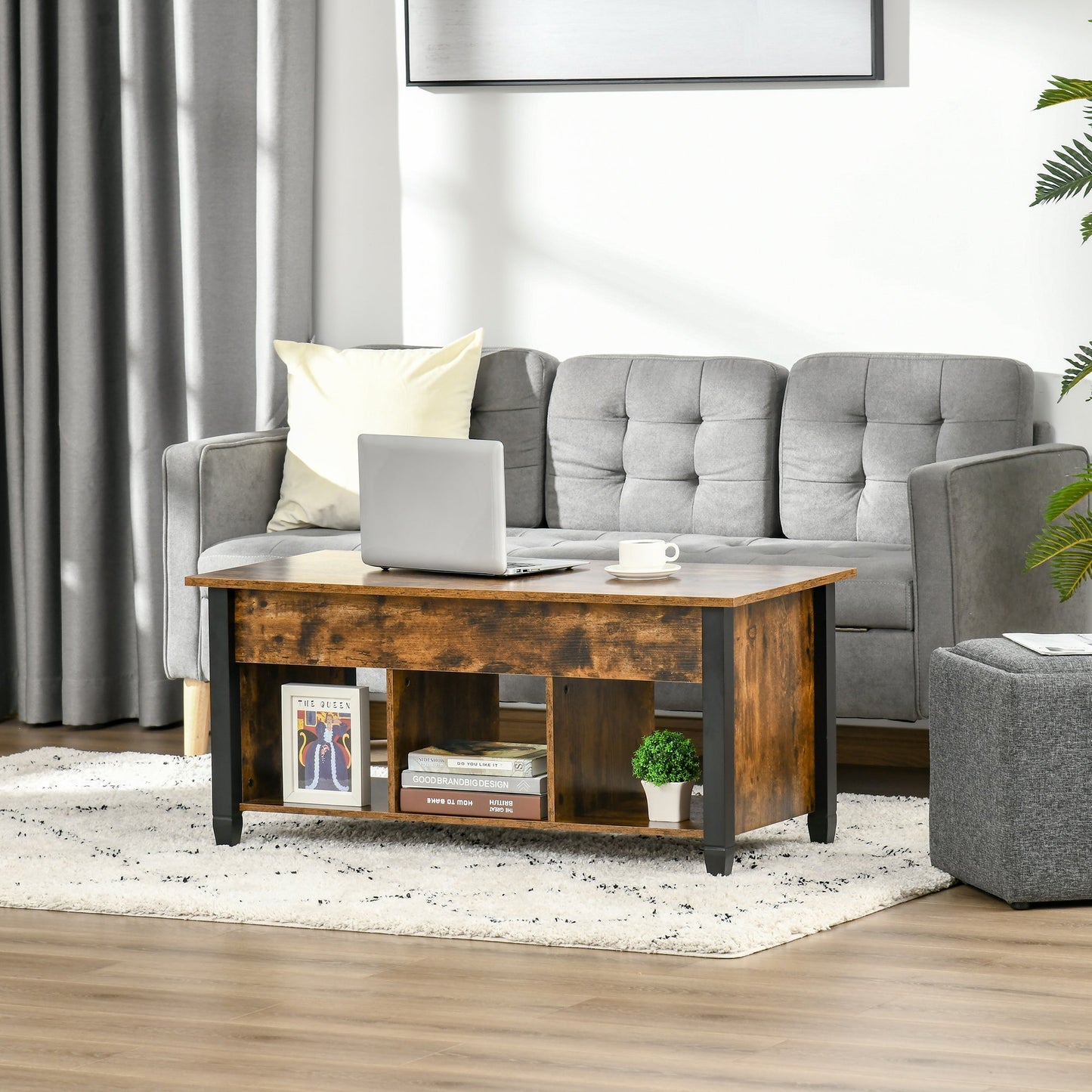 Lift Top Coffee Table with Hidden Storage Compartment and 3 Lower Shelves, Pop-Up Center Table for Living Room, Rustic Brown Coffee Tables   at Gallery Canada