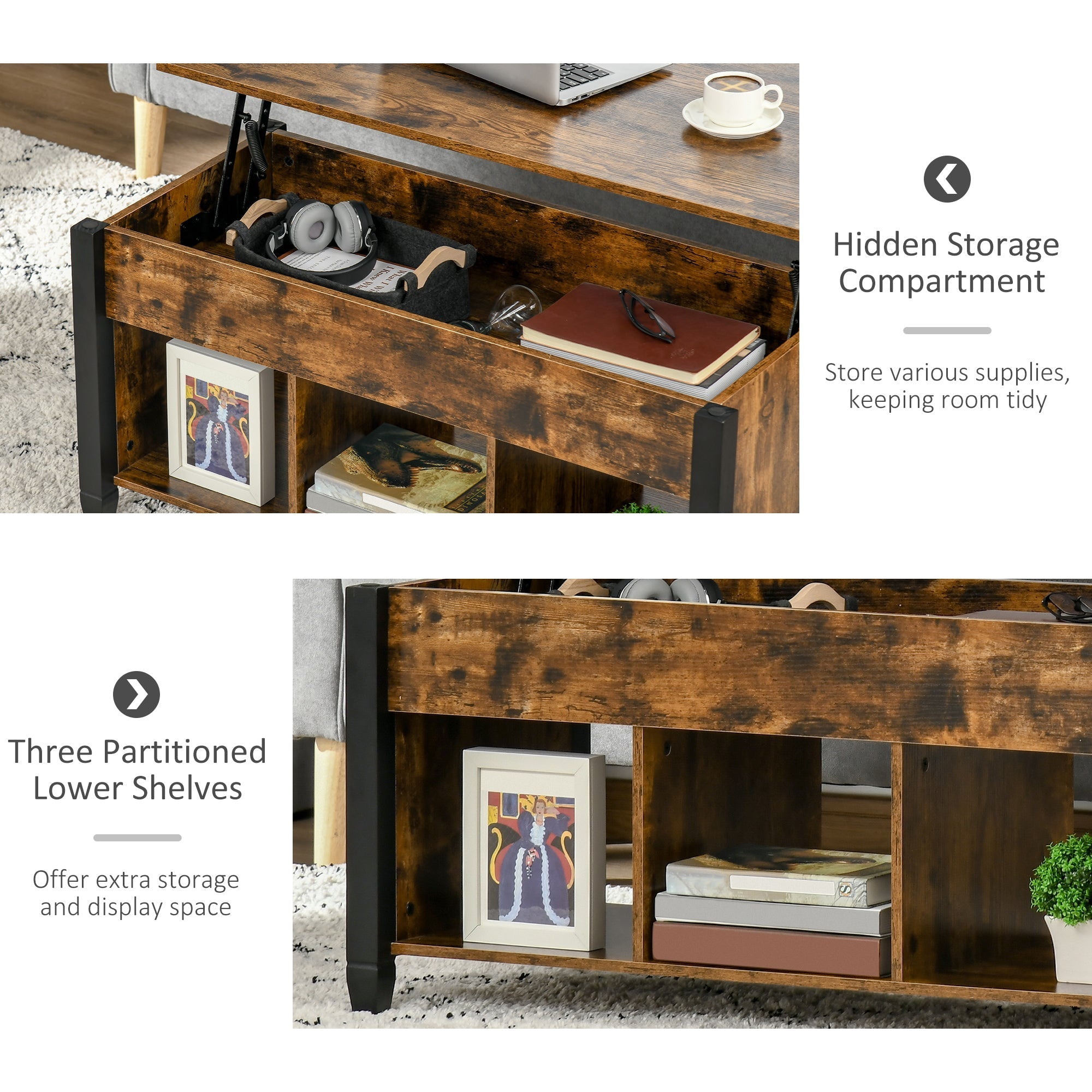 Lift Top Coffee Table with Hidden Storage Compartment and 3 Lower Shelves, Pop-Up Center Table for Living Room, Rustic Brown Coffee Tables   at Gallery Canada