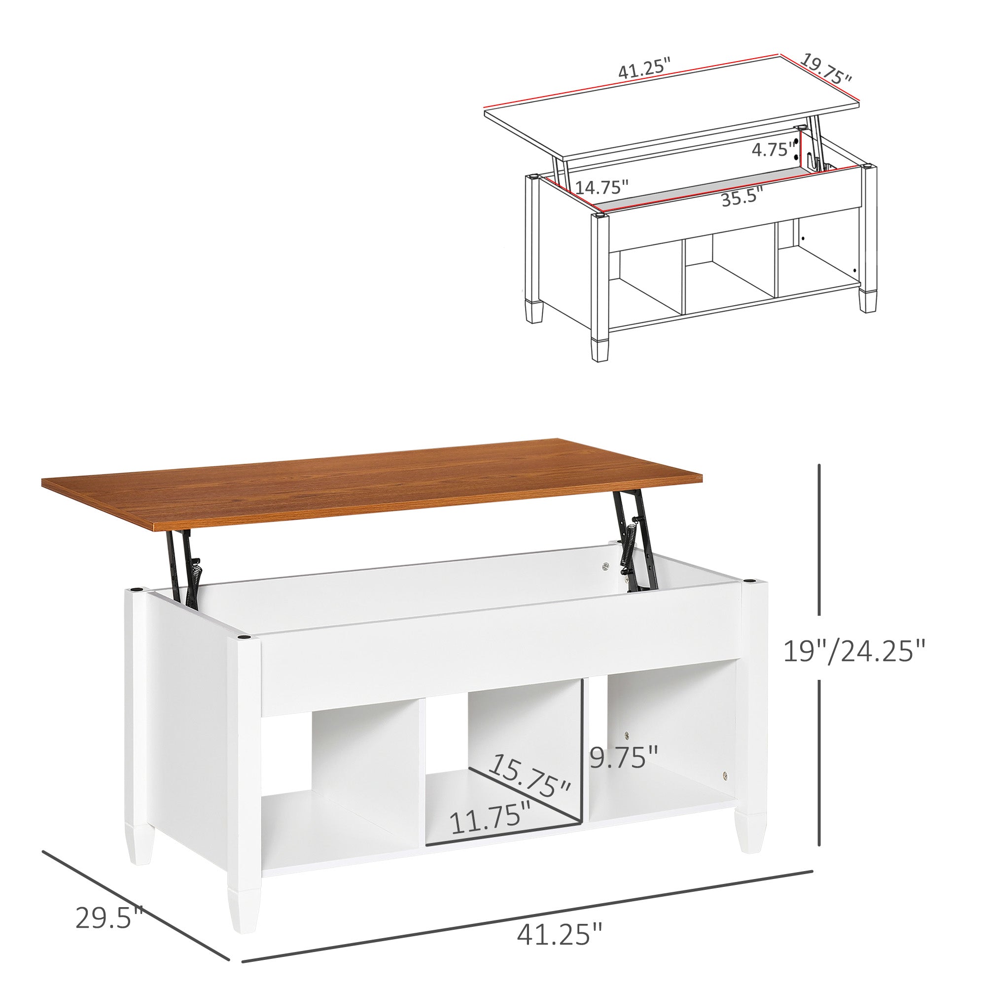 Lift Top Coffee Table with Hidden Storage Compartment and 3 Lower Shelves, Pop-Up Center Table for Living Room, White and Brown Coffee Tables   at Gallery Canada