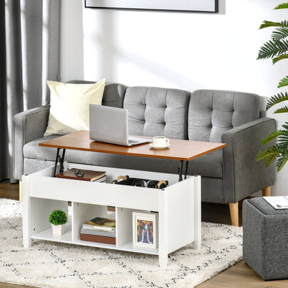 Lift Top Coffee Table with Hidden Storage Compartment and 3 Lower Shelves, Pop-Up Center Table for Living Room, White and Brown Coffee Tables   at Gallery Canada