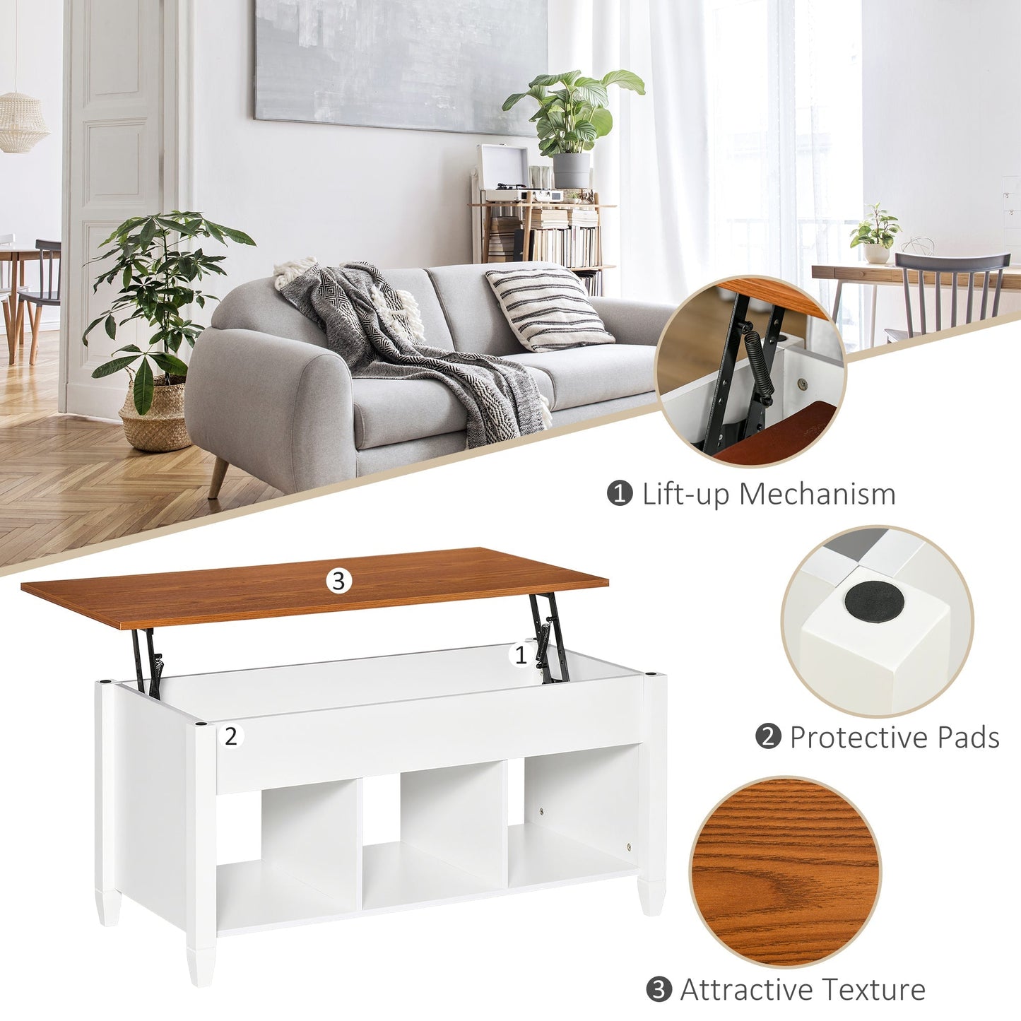 Lift Top Coffee Table with Hidden Storage Compartment and 3 Lower Shelves, Pop-Up Center Table for Living Room, White and Brown Coffee Tables   at Gallery Canada