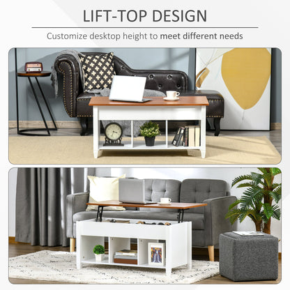 Lift Top Coffee Table with Hidden Storage Compartment and 3 Lower Shelves, Pop-Up Center Table for Living Room, White and Brown Coffee Tables   at Gallery Canada