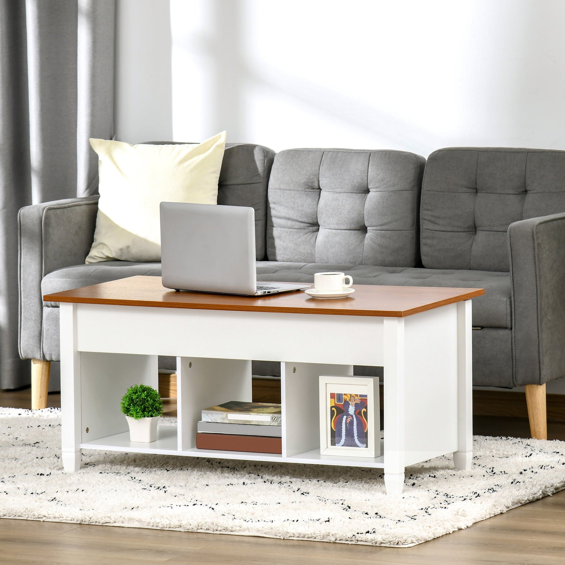 Lift Top Coffee Table with Hidden Storage Compartment and 3 Lower Shelves, Pop-Up Center Table for Living Room, White and Brown Coffee Tables   at Gallery Canada