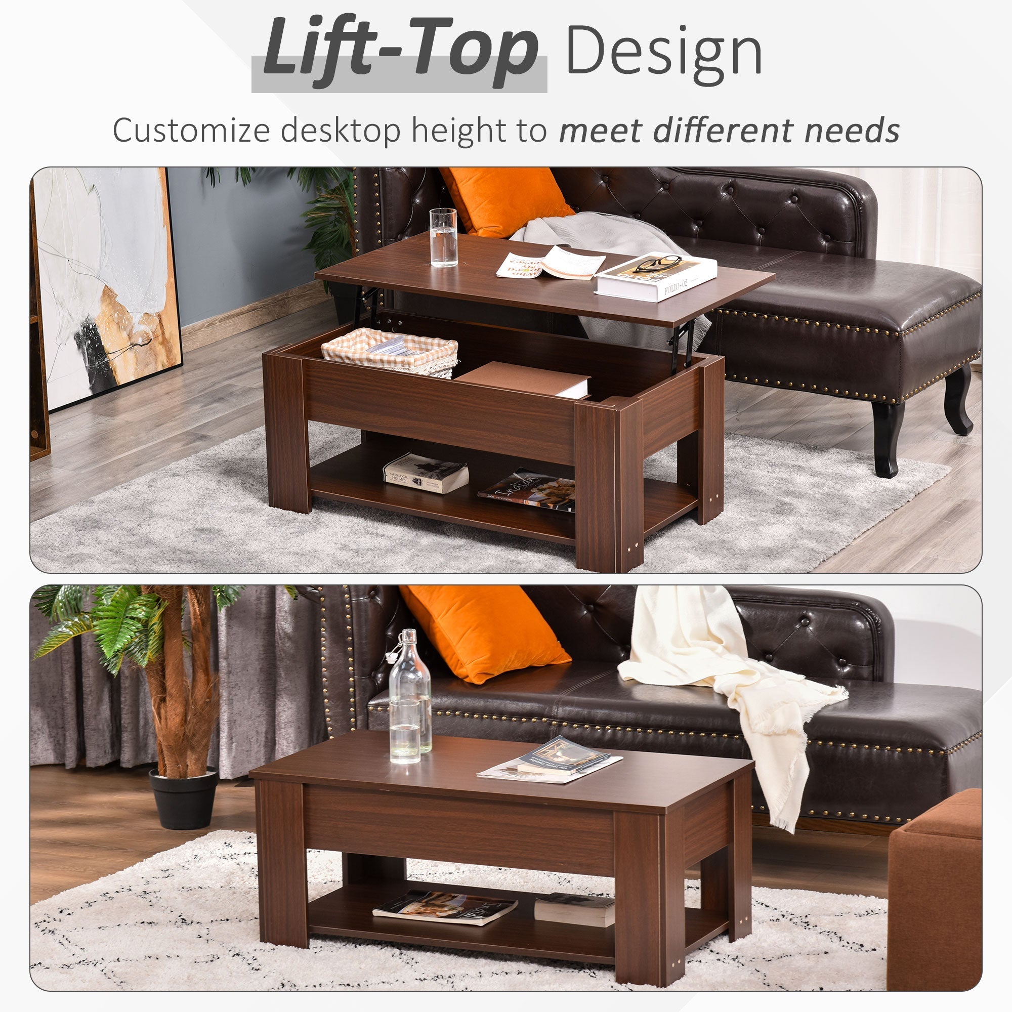 Lift Top Coffee Table with Hidden Storage Compartment and Open Shelf, Center Table for Living Room, Brown Coffee Tables   at Gallery Canada