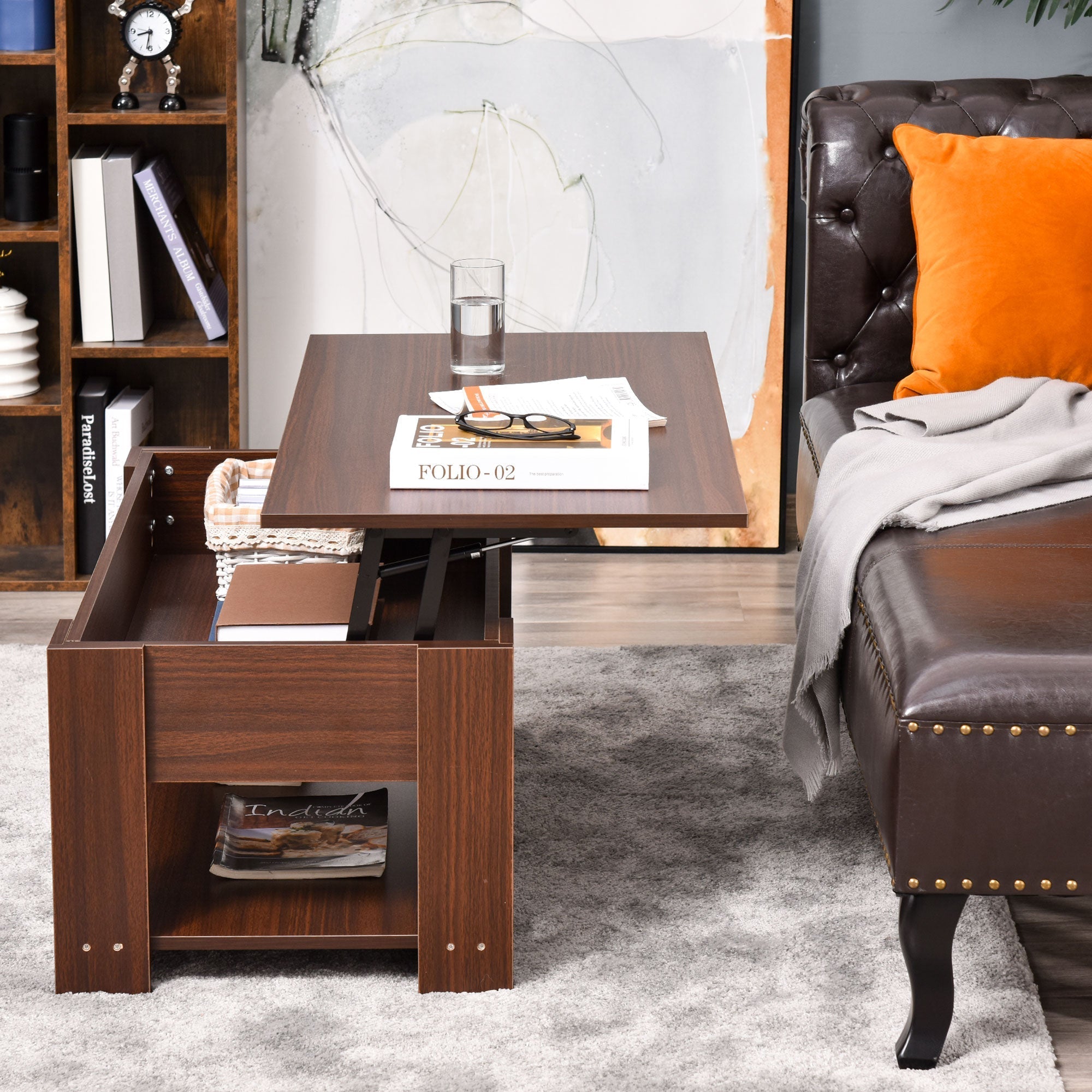 Lift Top Coffee Table with Hidden Storage Compartment and Open Shelf, Center Table for Living Room, Brown Coffee Tables   at Gallery Canada