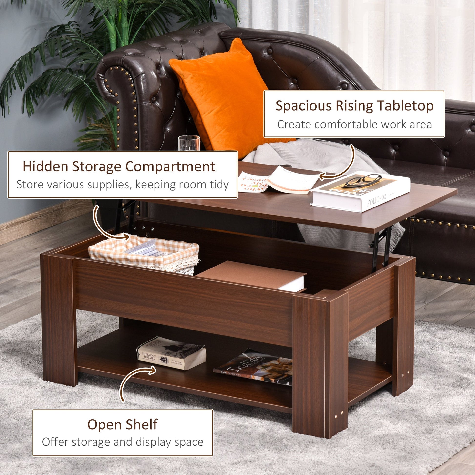 Lift Top Coffee Table with Hidden Storage Compartment and Open Shelf, Center Table for Living Room, Brown Coffee Tables   at Gallery Canada