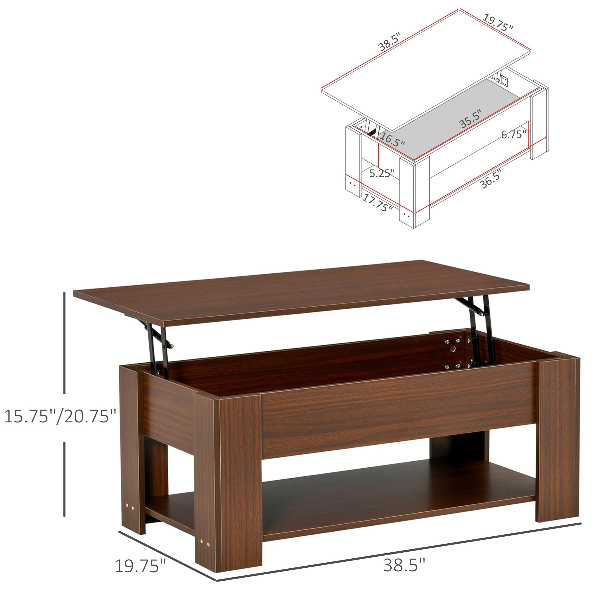 Lift Top Coffee Table with Hidden Storage Compartment and Open Shelf, Center Table for Living Room, Brown Coffee Tables Brown  at Gallery Canada