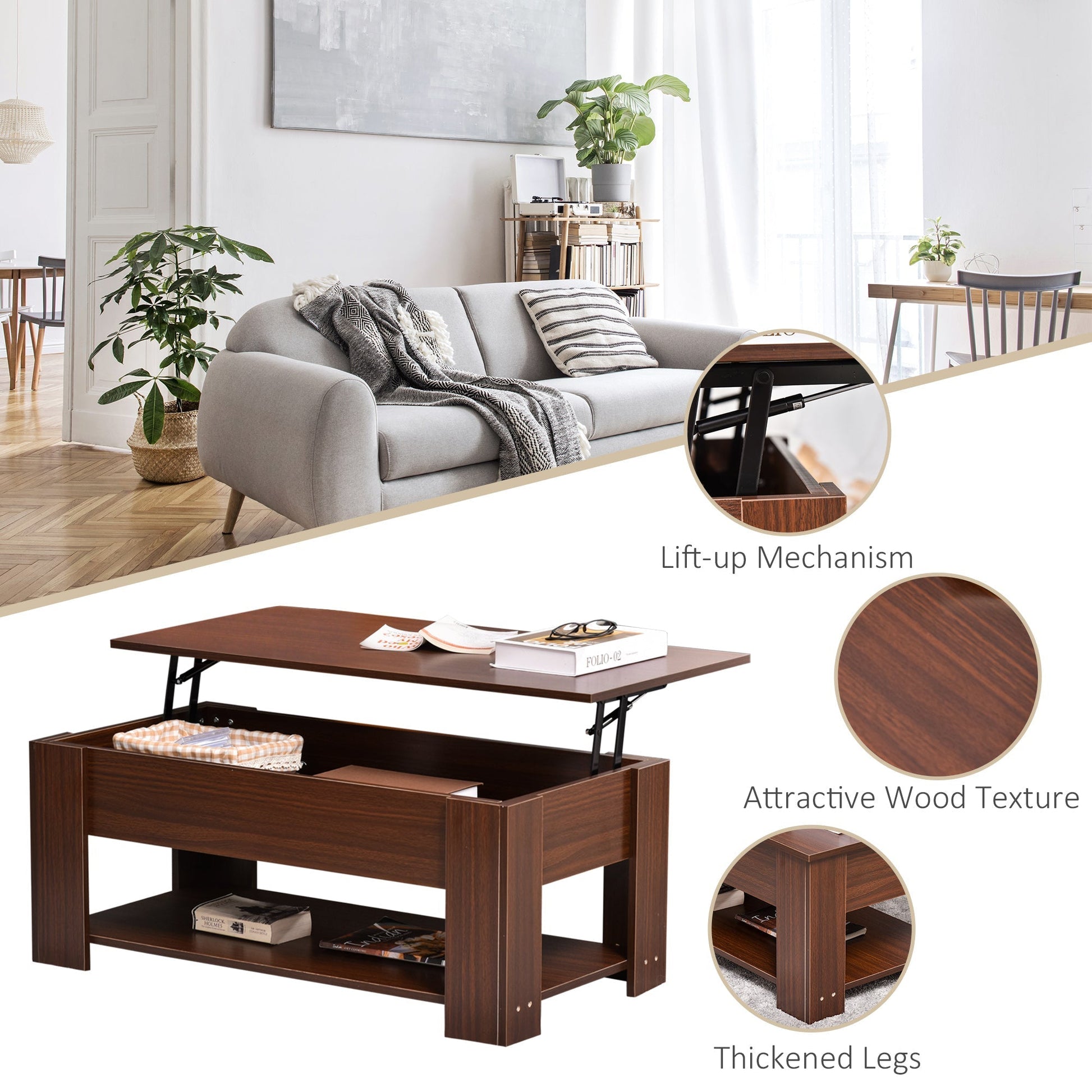 Lift Top Coffee Table with Hidden Storage Compartment and Open Shelf, Center Table for Living Room, Brown Coffee Tables   at Gallery Canada