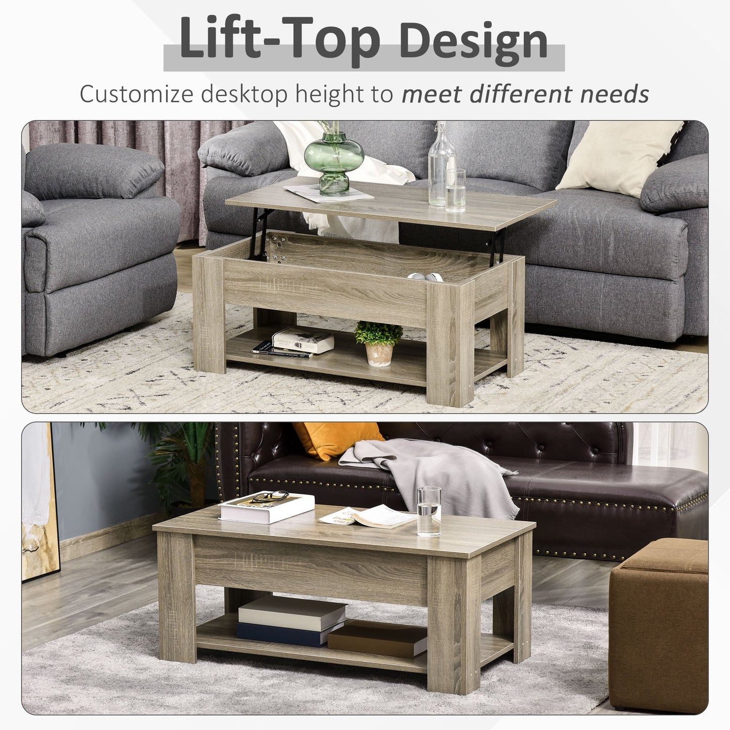 Lift Top Coffee Table with Hidden Storage Compartment and Open Shelf, Center Table for Living Room, Grey Coffee Tables   at Gallery Canada