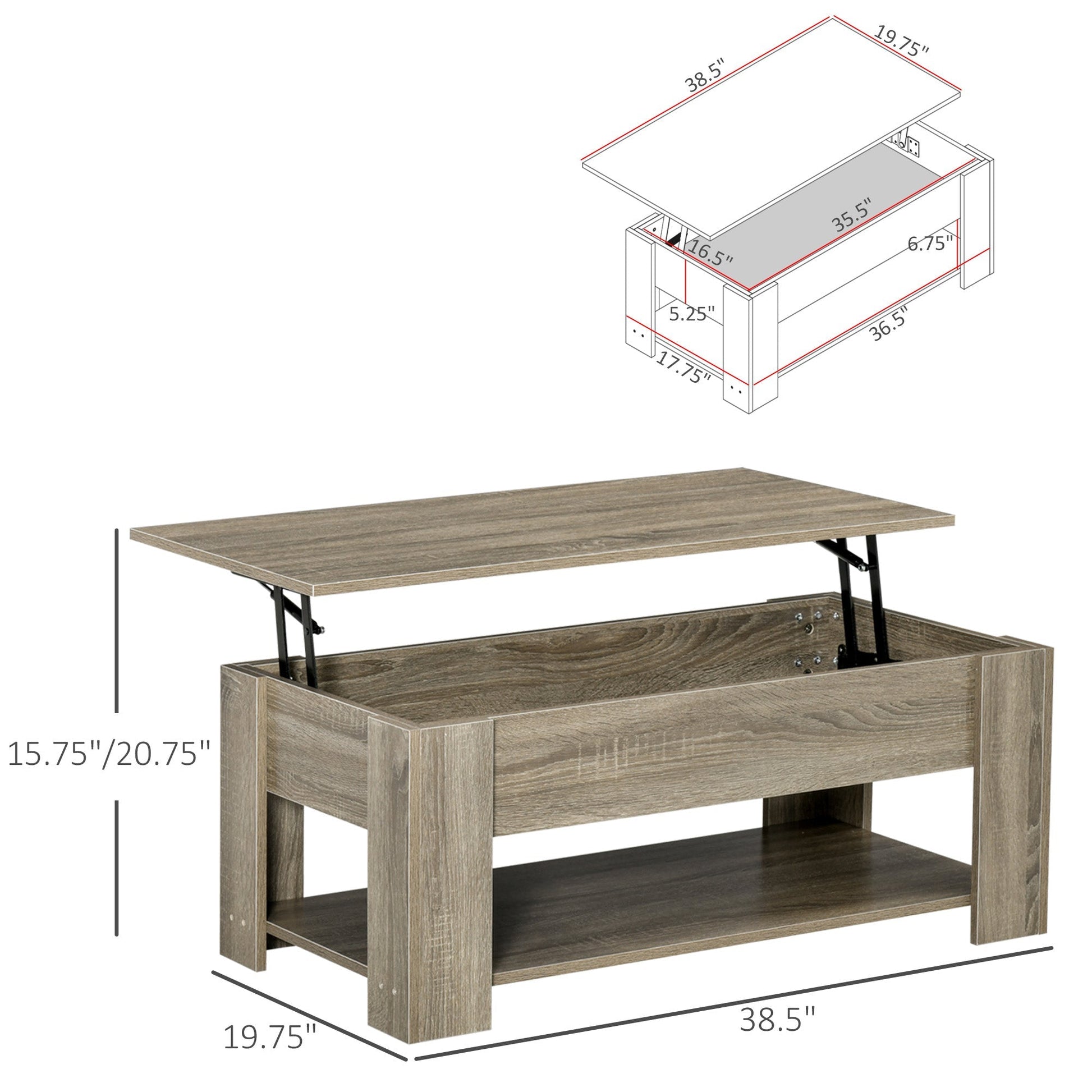 Lift Top Coffee Table with Hidden Storage Compartment and Open Shelf, Center Table for Living Room, Grey Coffee Tables   at Gallery Canada