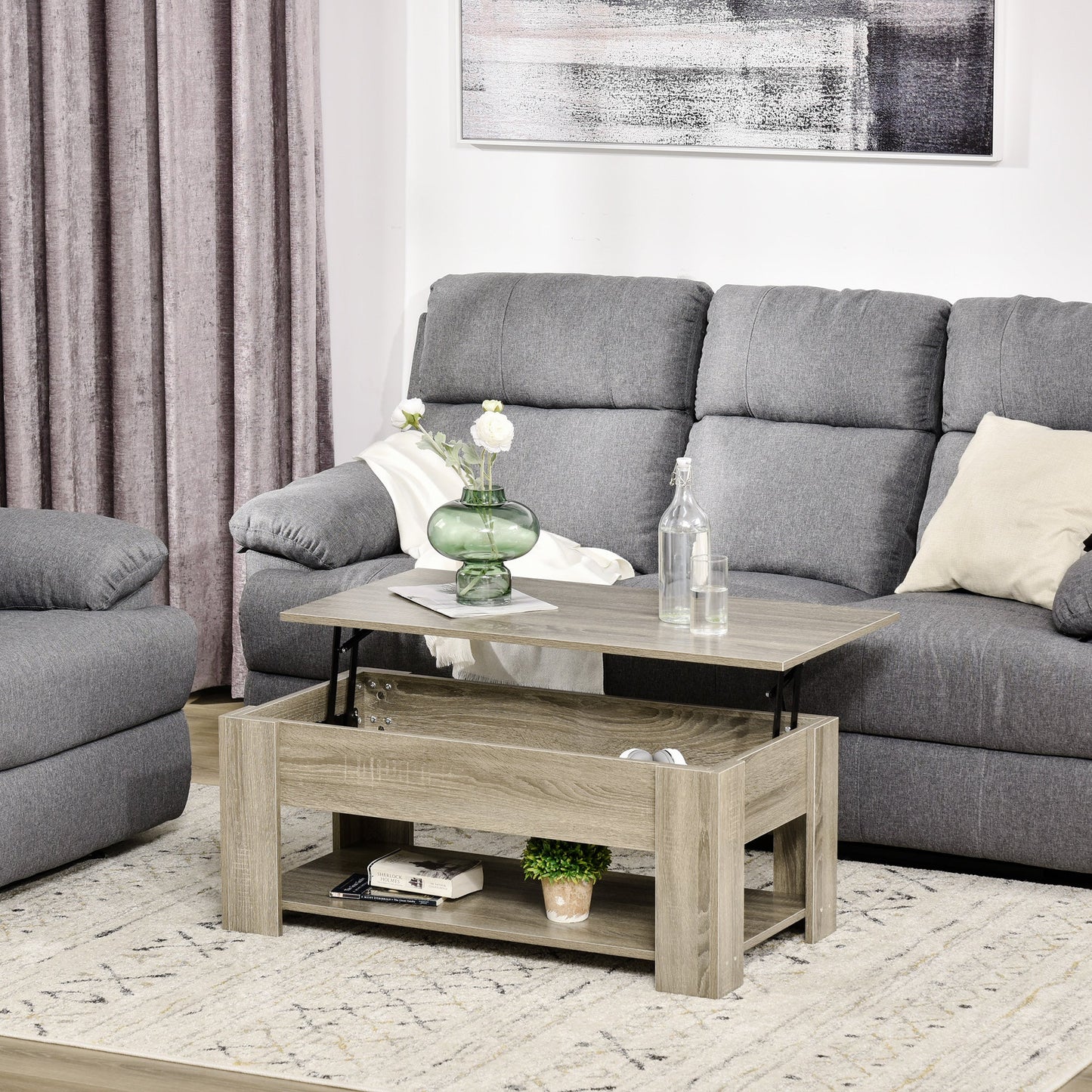 Lift Top Coffee Table with Hidden Storage Compartment and Open Shelf, Center Table for Living Room, Grey Coffee Tables   at Gallery Canada