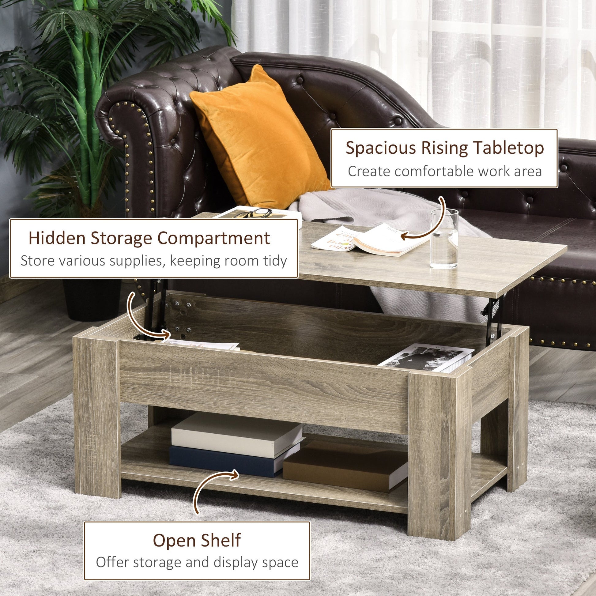 Lift Top Coffee Table with Hidden Storage Compartment and Open Shelf, Center Table for Living Room, Grey Coffee Tables   at Gallery Canada