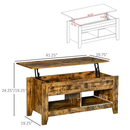 Lift Top Coffee Table with Hidden Storage Compartment and Open Shelves, Lift Tabletop Pop-Up Center Table for Living Room, Brown Coffee Tables   at Gallery Canada