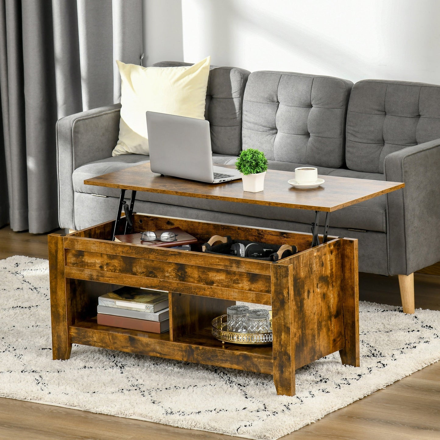 Lift Top Coffee Table with Hidden Storage Compartment and Open Shelves, Lift Tabletop Pop-Up Center Table for Living Room, Brown Coffee Tables   at Gallery Canada