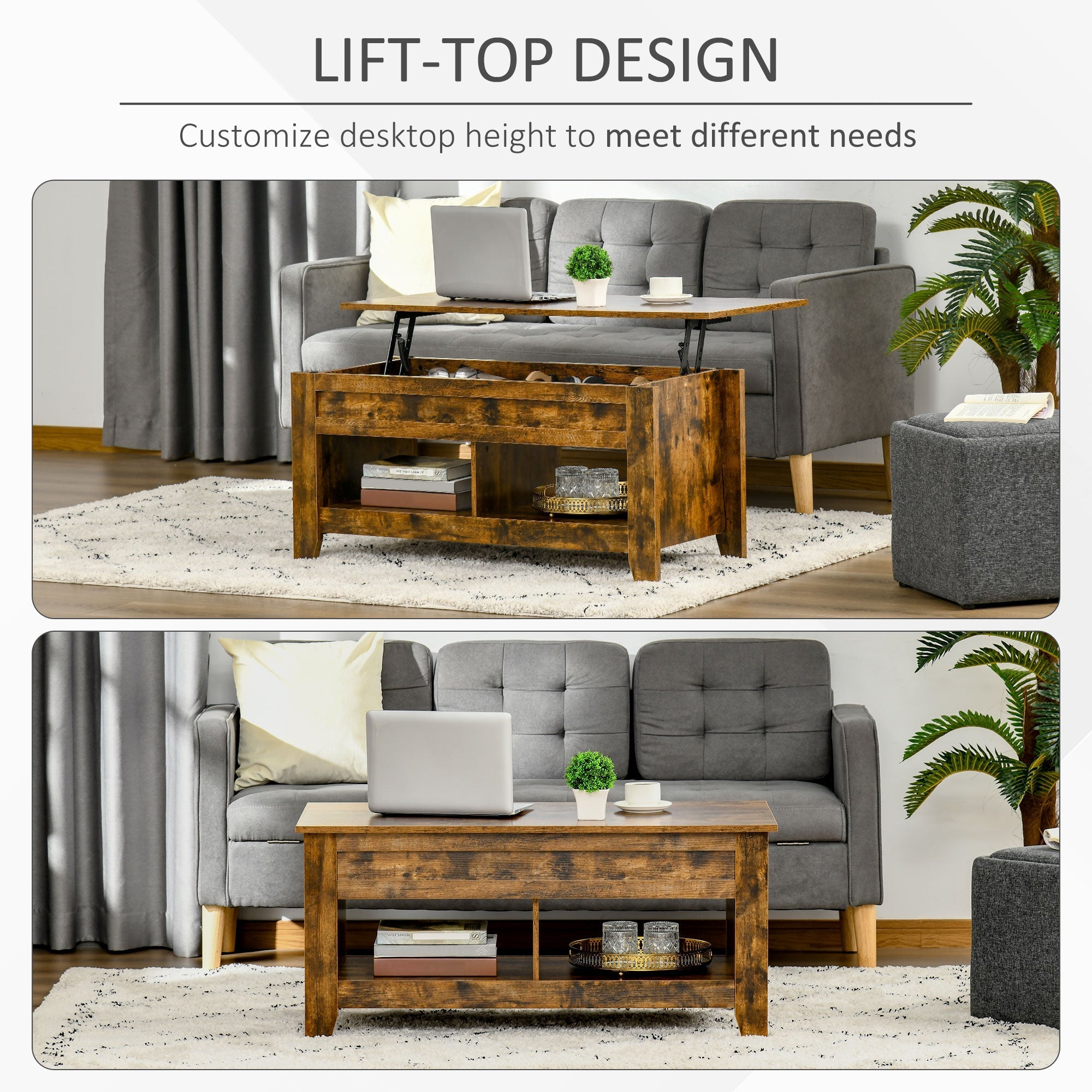 Lift Top Coffee Table with Hidden Storage Compartment and Open Shelves, Lift Tabletop Pop-Up Center Table for Living Room, Brown Coffee Tables   at Gallery Canada