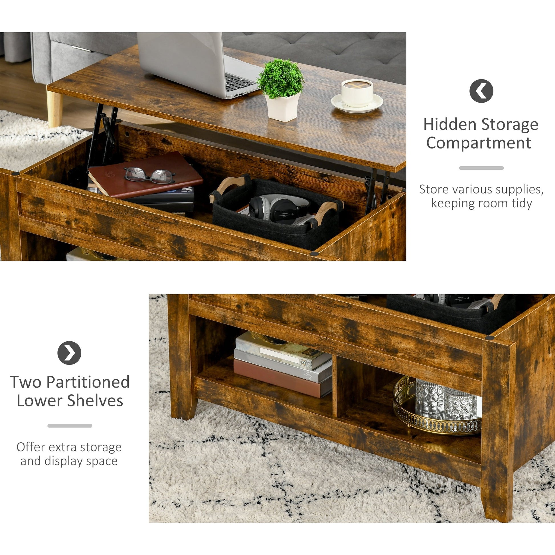 Lift Top Coffee Table with Hidden Storage Compartment and Open Shelves, Lift Tabletop Pop-Up Center Table for Living Room, Brown Coffee Tables   at Gallery Canada