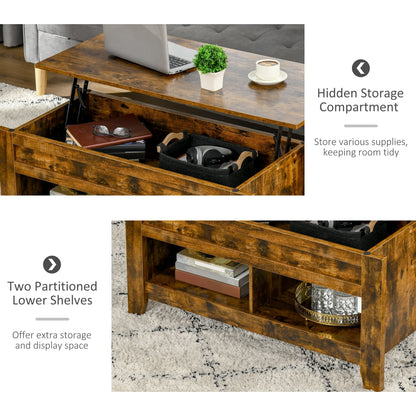 Lift Top Coffee Table with Hidden Storage Compartment and Open Shelves, Lift Tabletop Pop-Up Center Table for Living Room, Brown Coffee Tables   at Gallery Canada