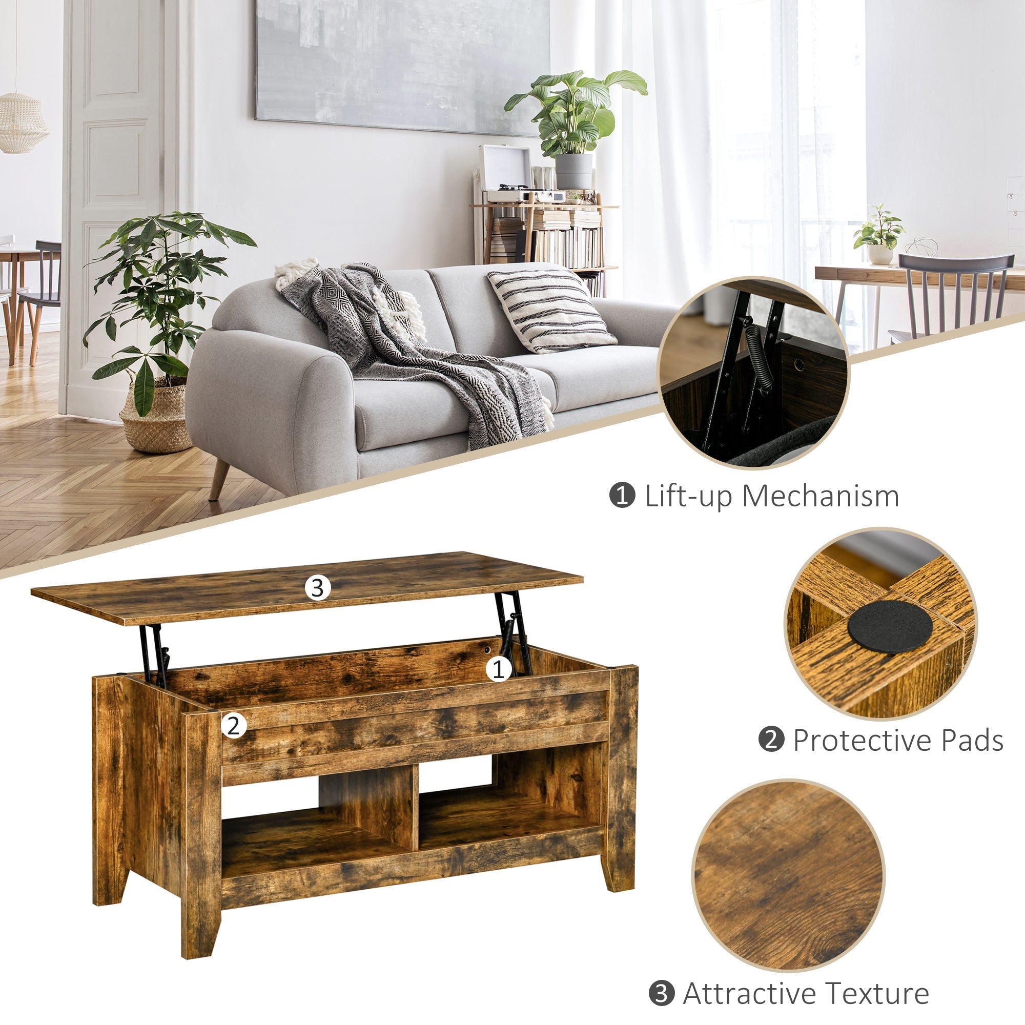 Lift Top Coffee Table with Hidden Storage Compartment and Open Shelves, Lift Tabletop Pop-Up Center Table for Living Room, Brown Coffee Tables   at Gallery Canada