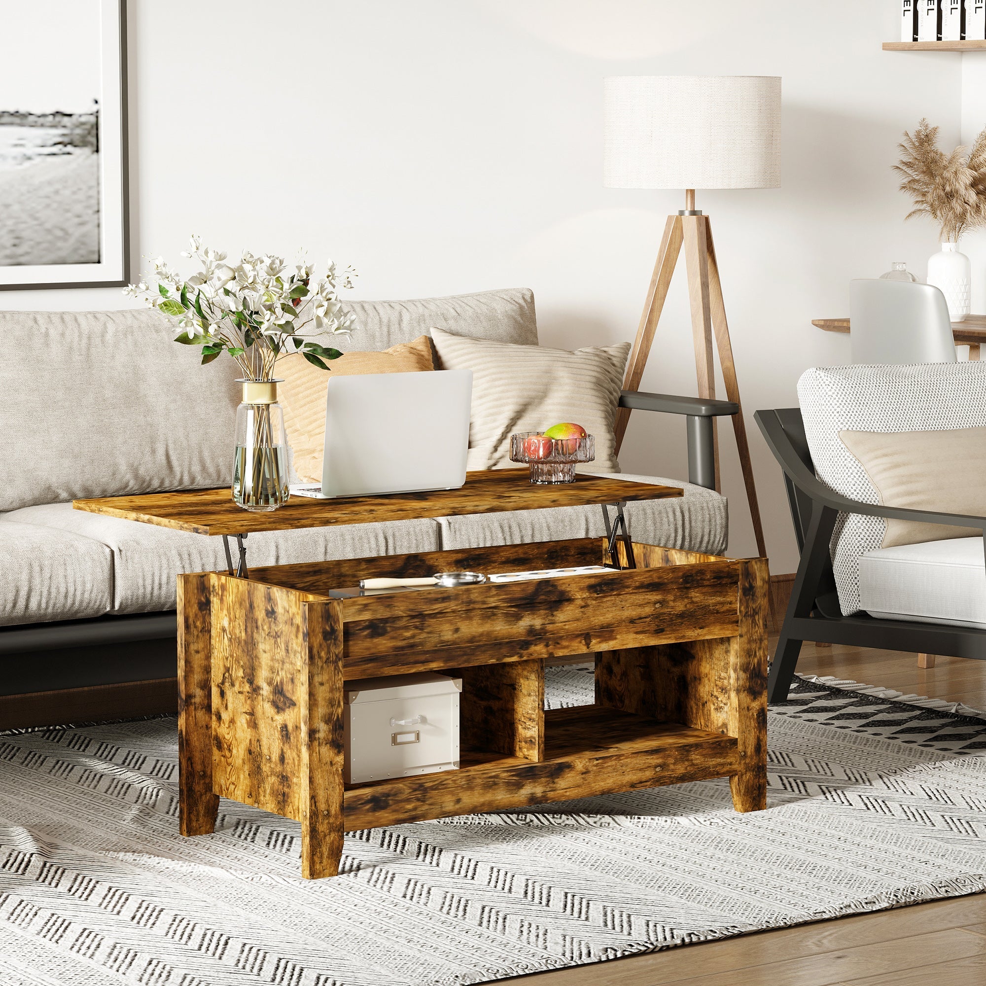 Lift Top Coffee Table with Hidden Storage Compartment and Open Shelves, Lift Tabletop Pop-Up Center Table for Living Room, Brown Coffee Tables   at Gallery Canada