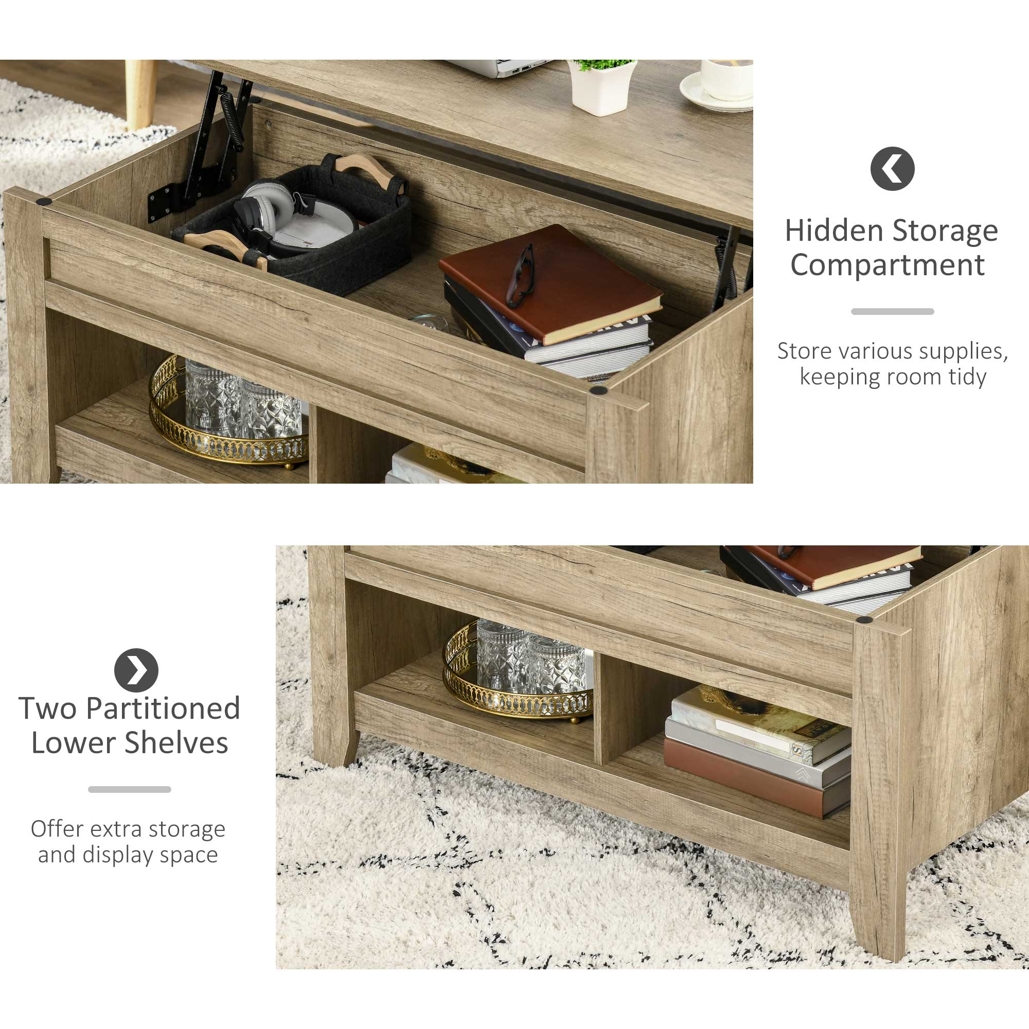 Lift Top Coffee Table with Hidden Storage Compartment and Open Shelves, Lift Tabletop Pop-Up Center Table for Living Room, Oak Effect Coffee Tables   at Gallery Canada