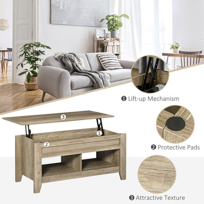 Lift Top Coffee Table with Hidden Storage Compartment and Open Shelves, Lift Tabletop Pop-Up Center Table for Living Room, Oak Effect Coffee Tables   at Gallery Canada