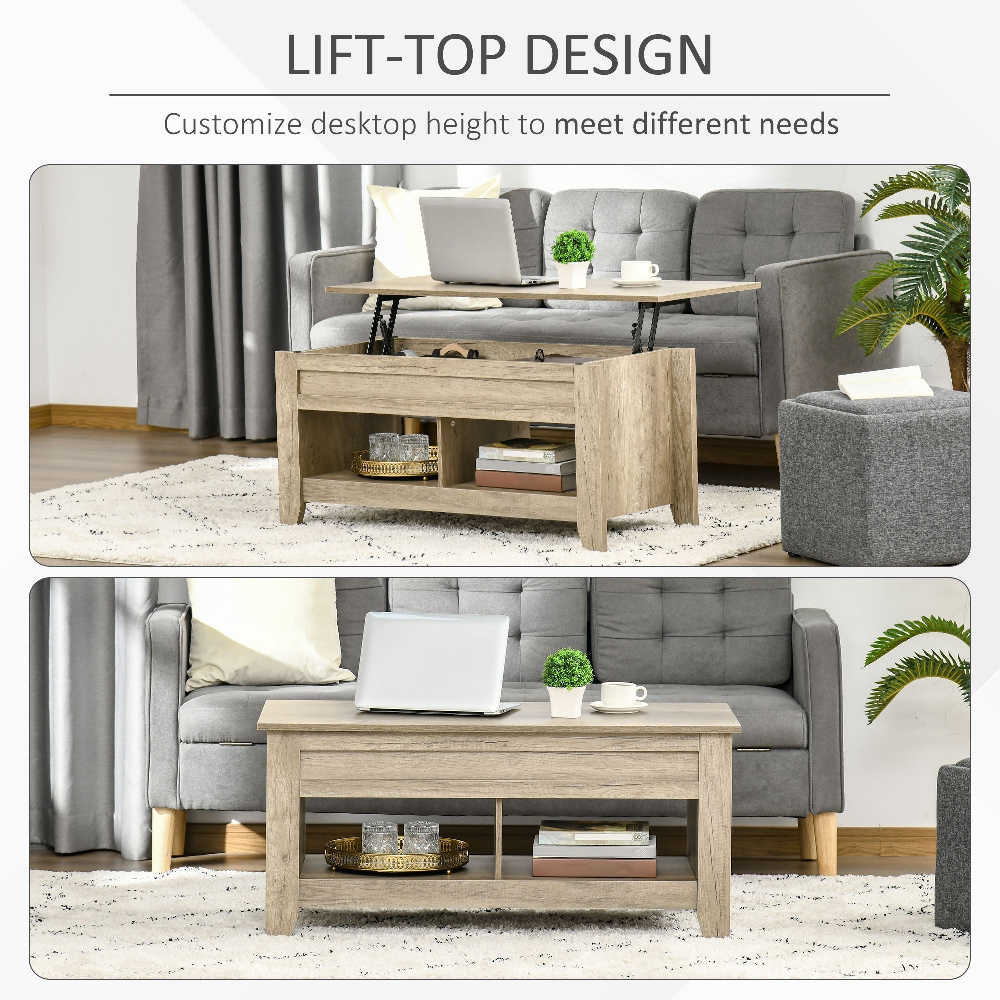 Lift Top Coffee Table with Hidden Storage Compartment and Open Shelves, Lift Tabletop Pop-Up Center Table for Living Room, Oak Effect Coffee Tables   at Gallery Canada