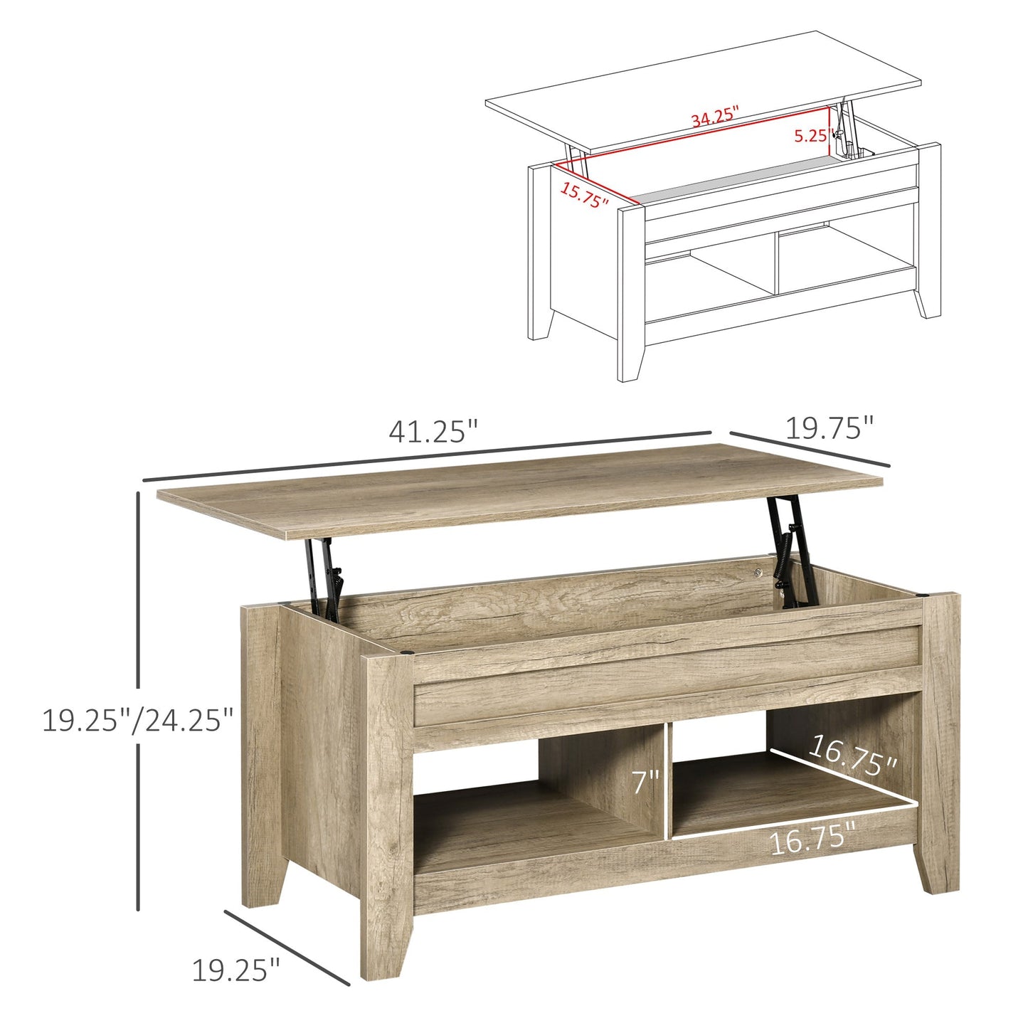 Lift Top Coffee Table with Hidden Storage Compartment and Open Shelves, Lift Tabletop Pop-Up Center Table for Living Room, Oak Effect Coffee Tables   at Gallery Canada