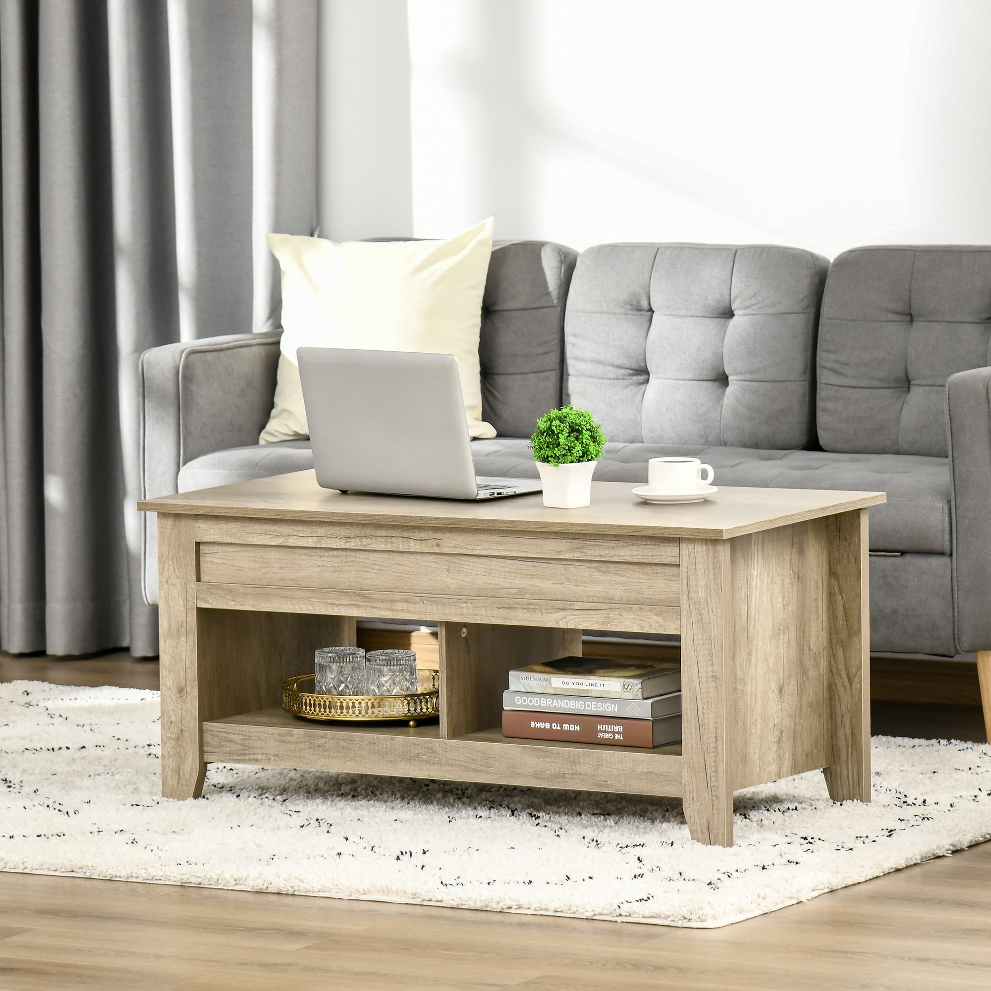 Lift Top Coffee Table with Hidden Storage Compartment and Open Shelves, Lift Tabletop Pop-Up Center Table for Living Room, Oak Effect Coffee Tables   at Gallery Canada