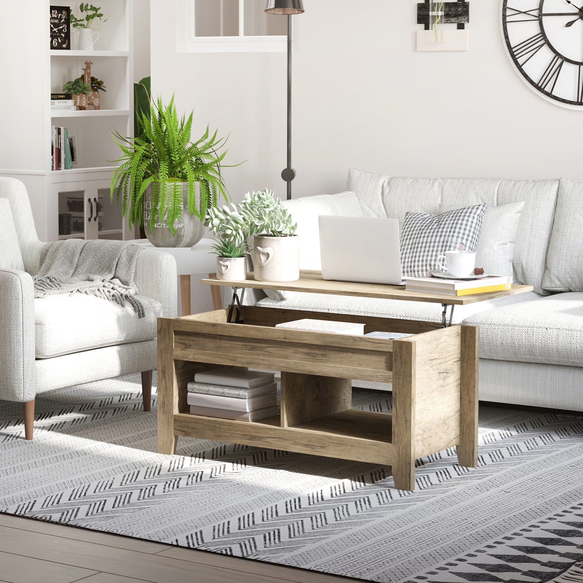 Lift Top Coffee Table with Hidden Storage Compartment and Open Shelves, Lift Tabletop Pop-Up Center Table for Living Room, Oak Effect Coffee Tables   at Gallery Canada