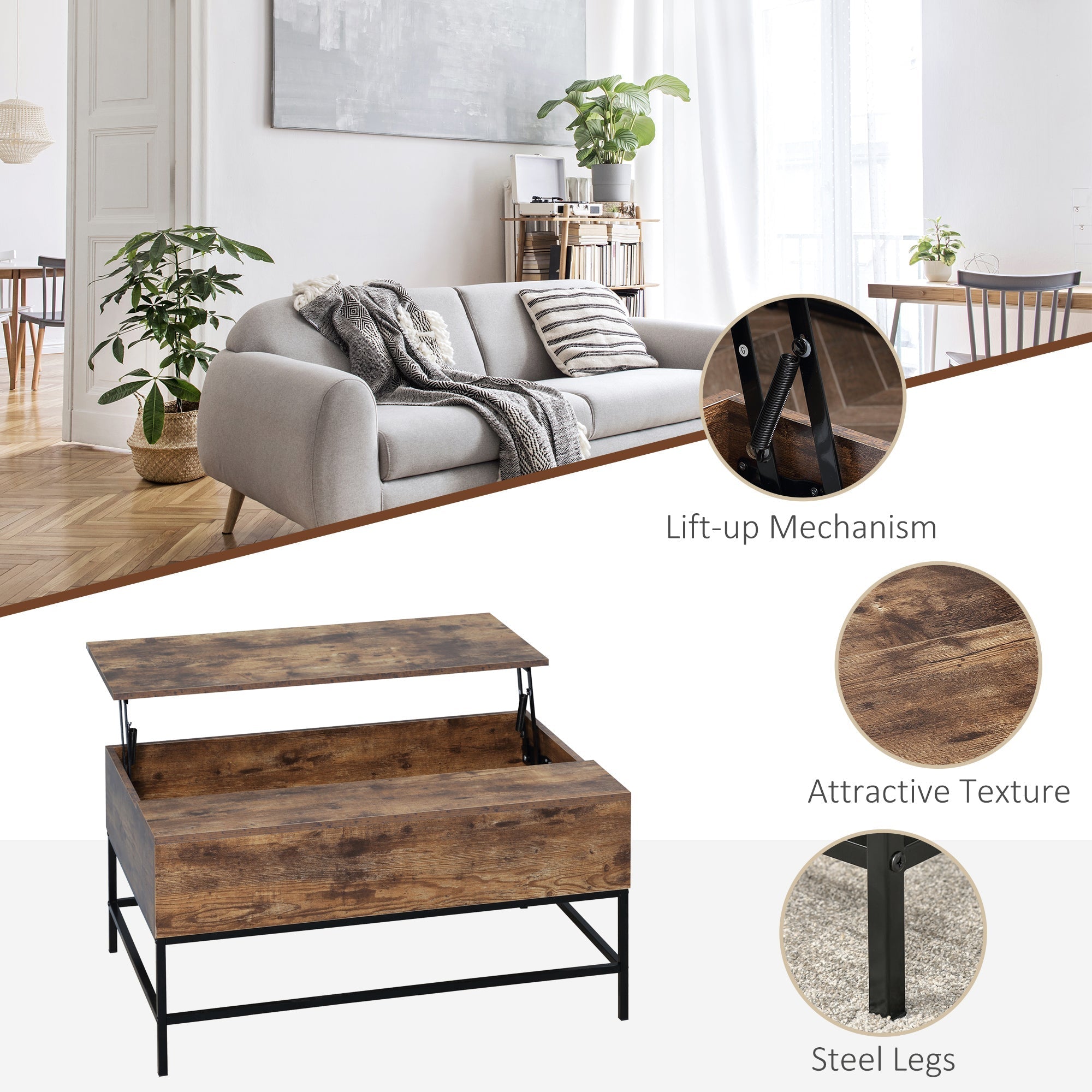 Lift Top Coffee Table with Hidden Storage Compartment Lift Tabletop Center Table for Living Room, Rustic Brown Coffee Tables   at Gallery Canada