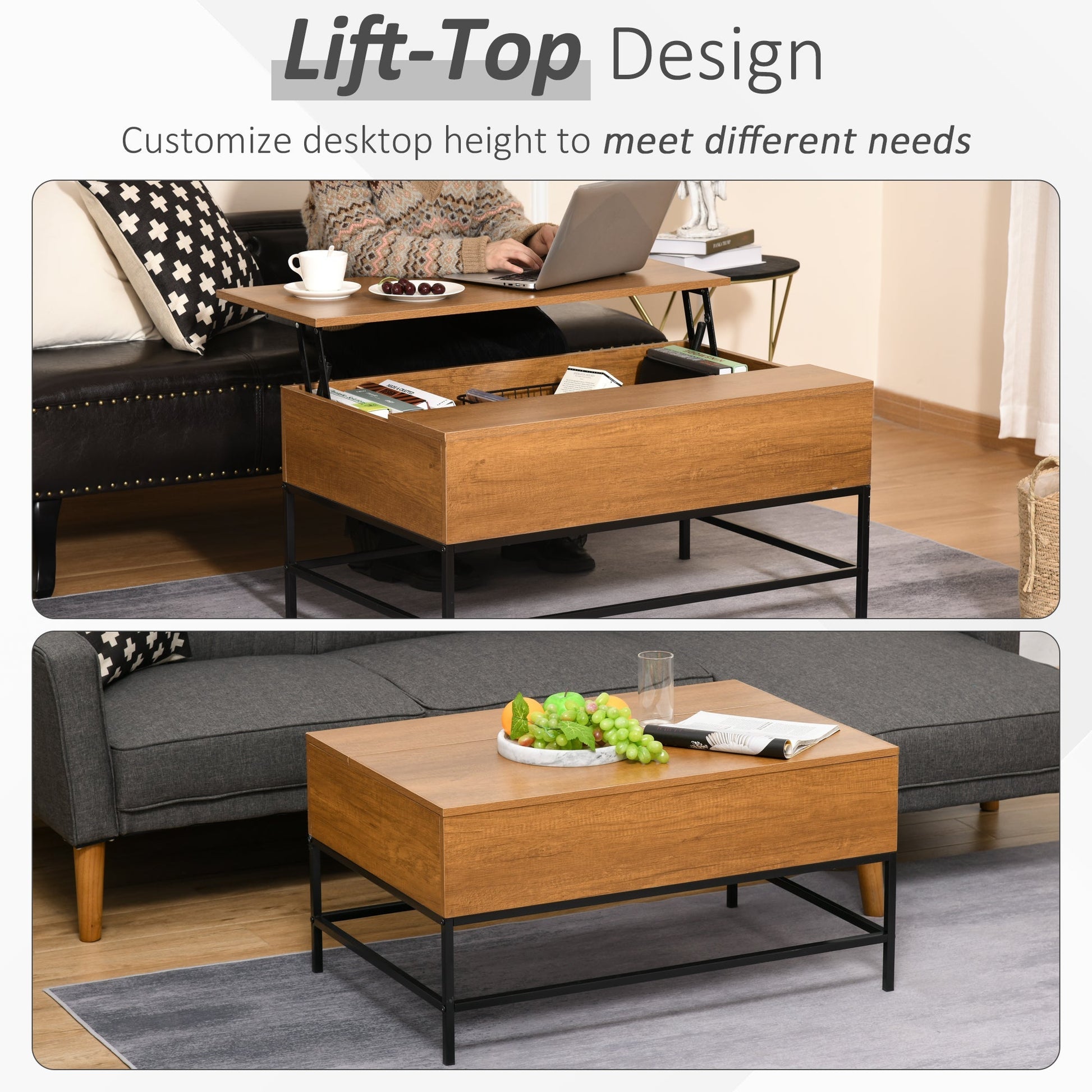 Lift Top Coffee Table with Hidden Storage Compartment Lift Tabletop Center Table for Living Room, Teak Coffee Tables   at Gallery Canada