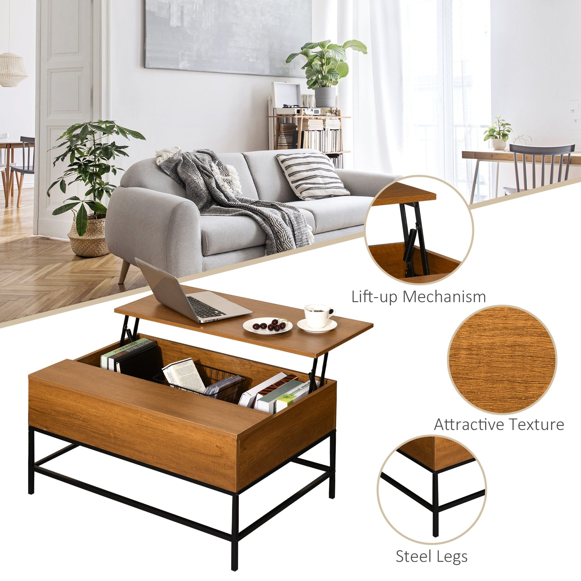 Lift Top Coffee Table with Hidden Storage Compartment Lift Tabletop Center Table for Living Room, Teak Coffee Tables   at Gallery Canada