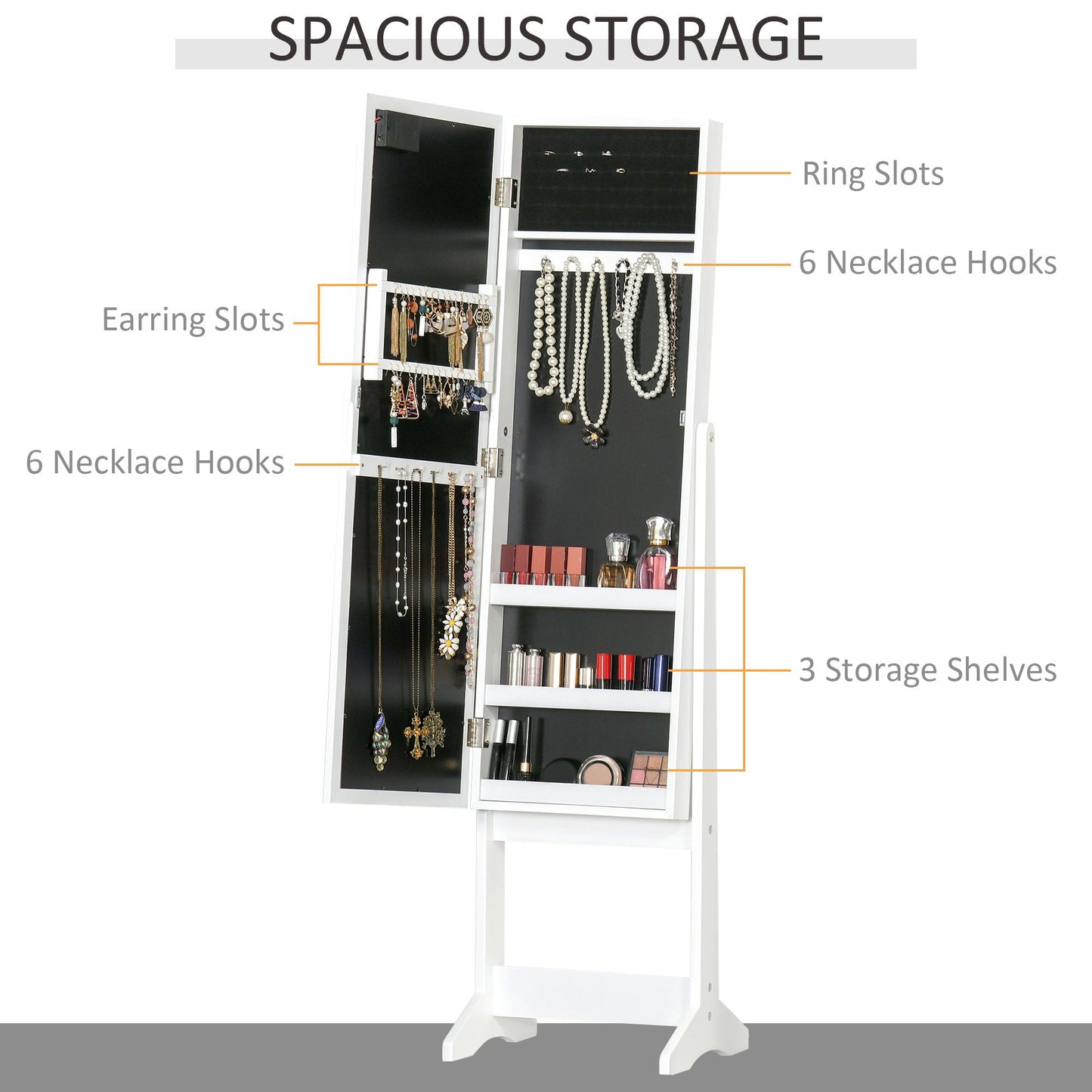 LED Lighted Mirrored Jewelry Armoire Organizer, Adjustable, Free Standing, Warm White Jewelry Armoire & Jewellery Mirror Cabinets   at Gallery Canada