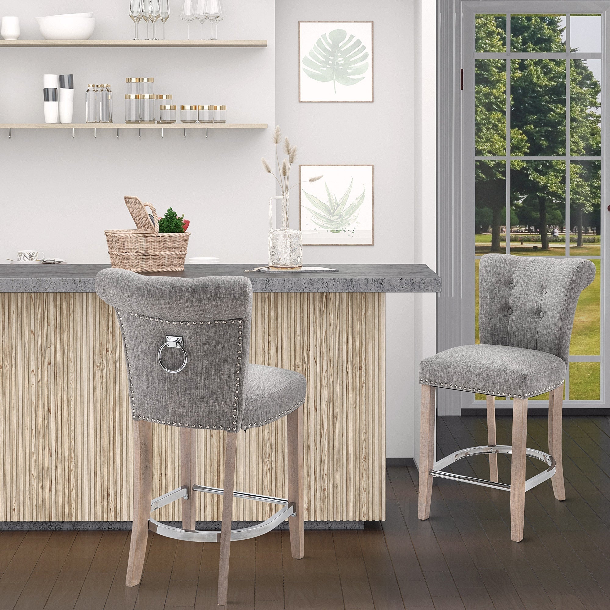 Linen Bar Stools Set of 2, Dining Chair with Footrest and Solid Wood Leg, Grey Bar Stools   at Gallery Canada