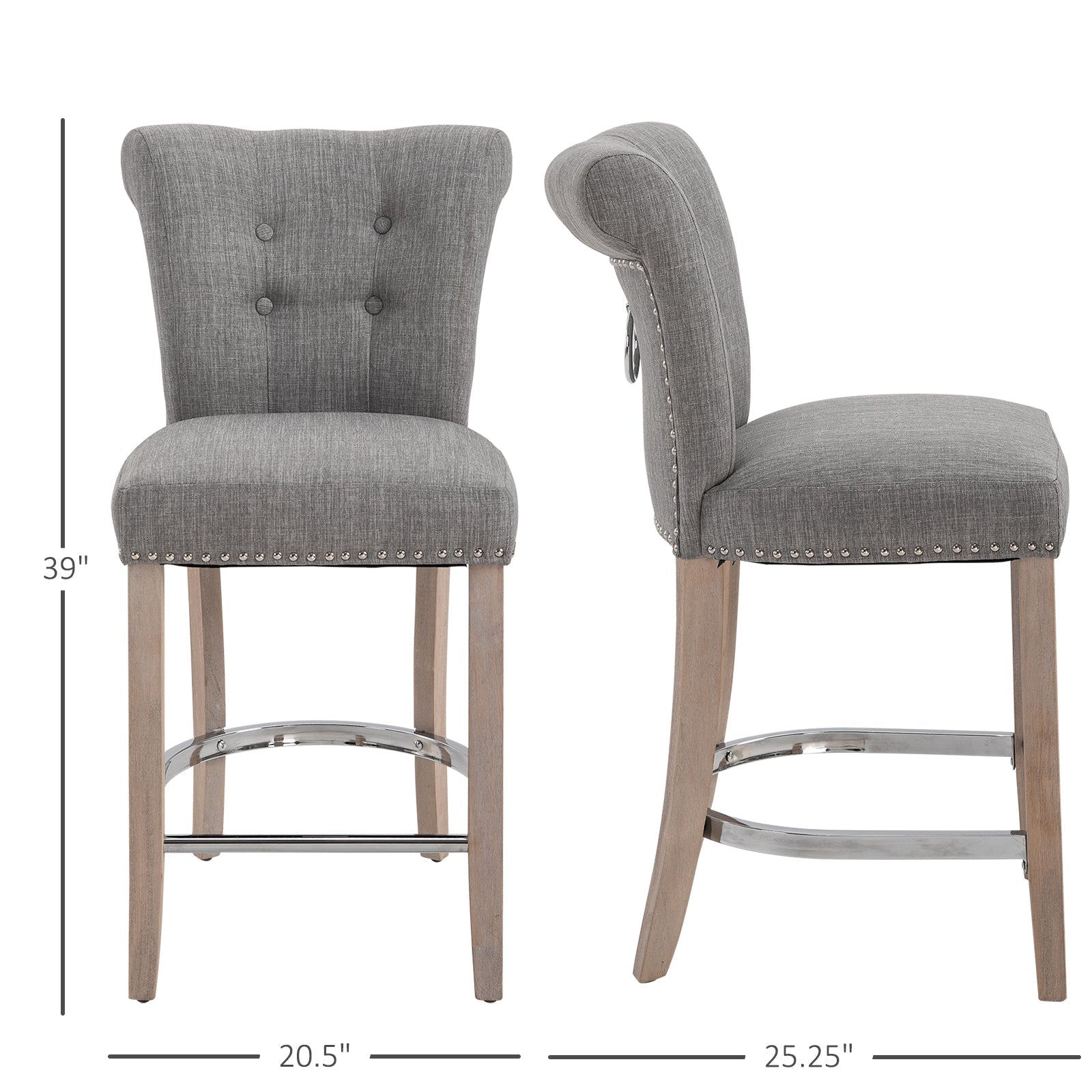 Linen Bar Stools Set of 2, Dining Chair with Footrest and Solid Wood Leg, Grey Bar Stools   at Gallery Canada