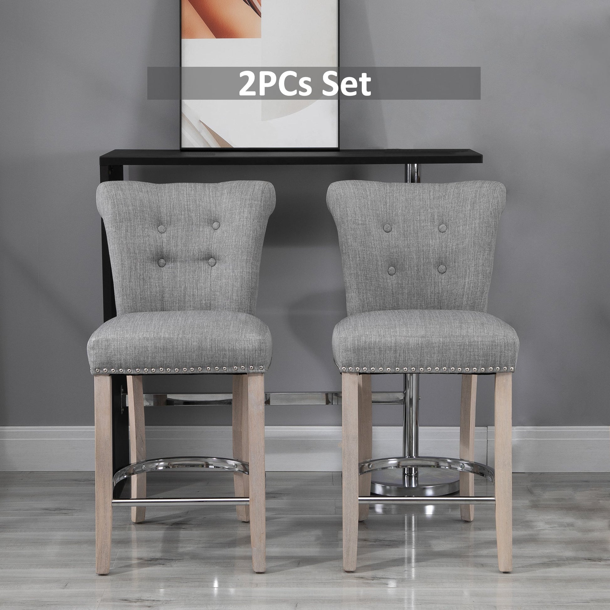 Linen Bar Stools Set of 2, Dining Chair with Footrest and Solid Wood Leg, Grey Bar Stools   at Gallery Canada