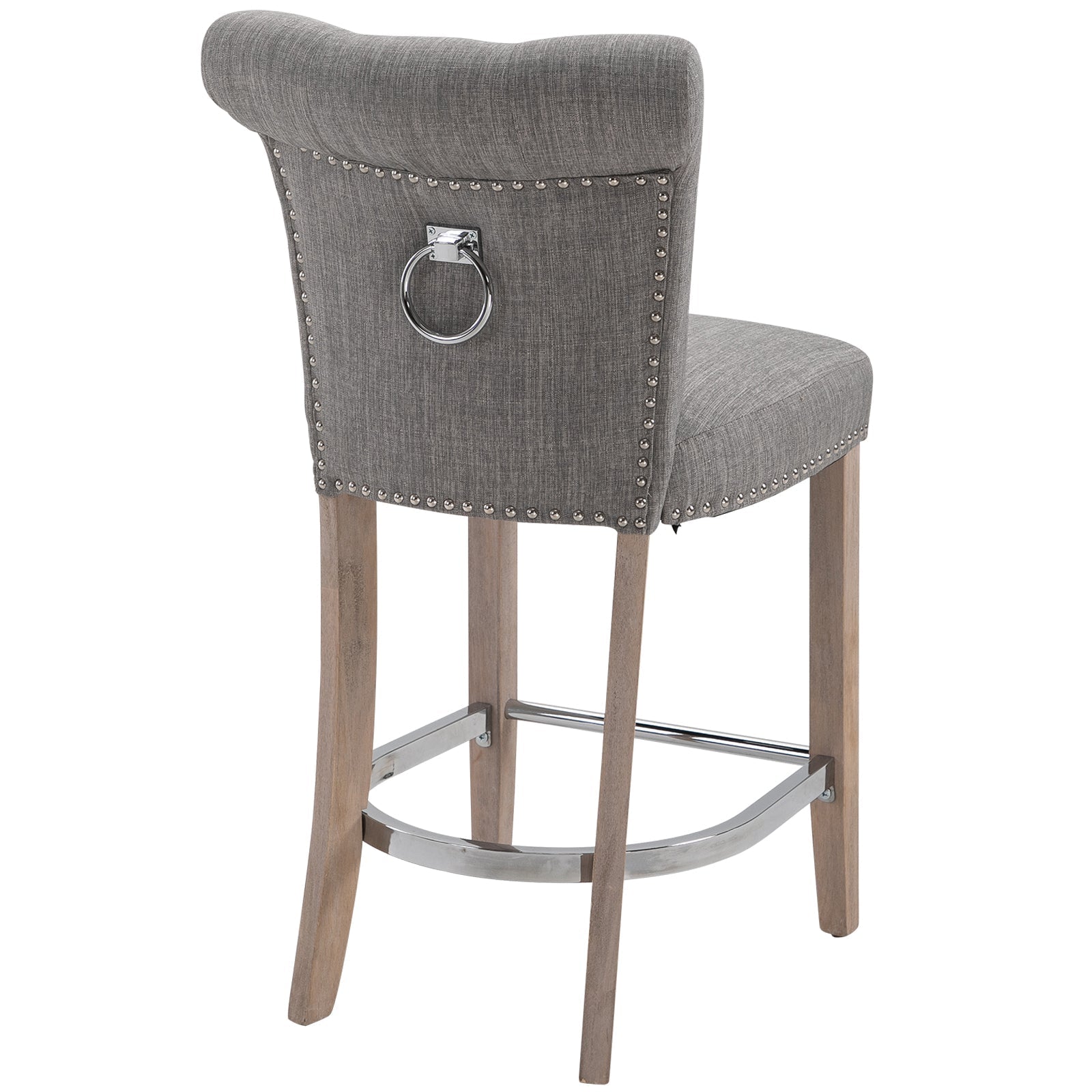 Linen Bar Stools Set of 2, Dining Chair with Footrest and Solid Wood Leg, Grey Bar Stools   at Gallery Canada