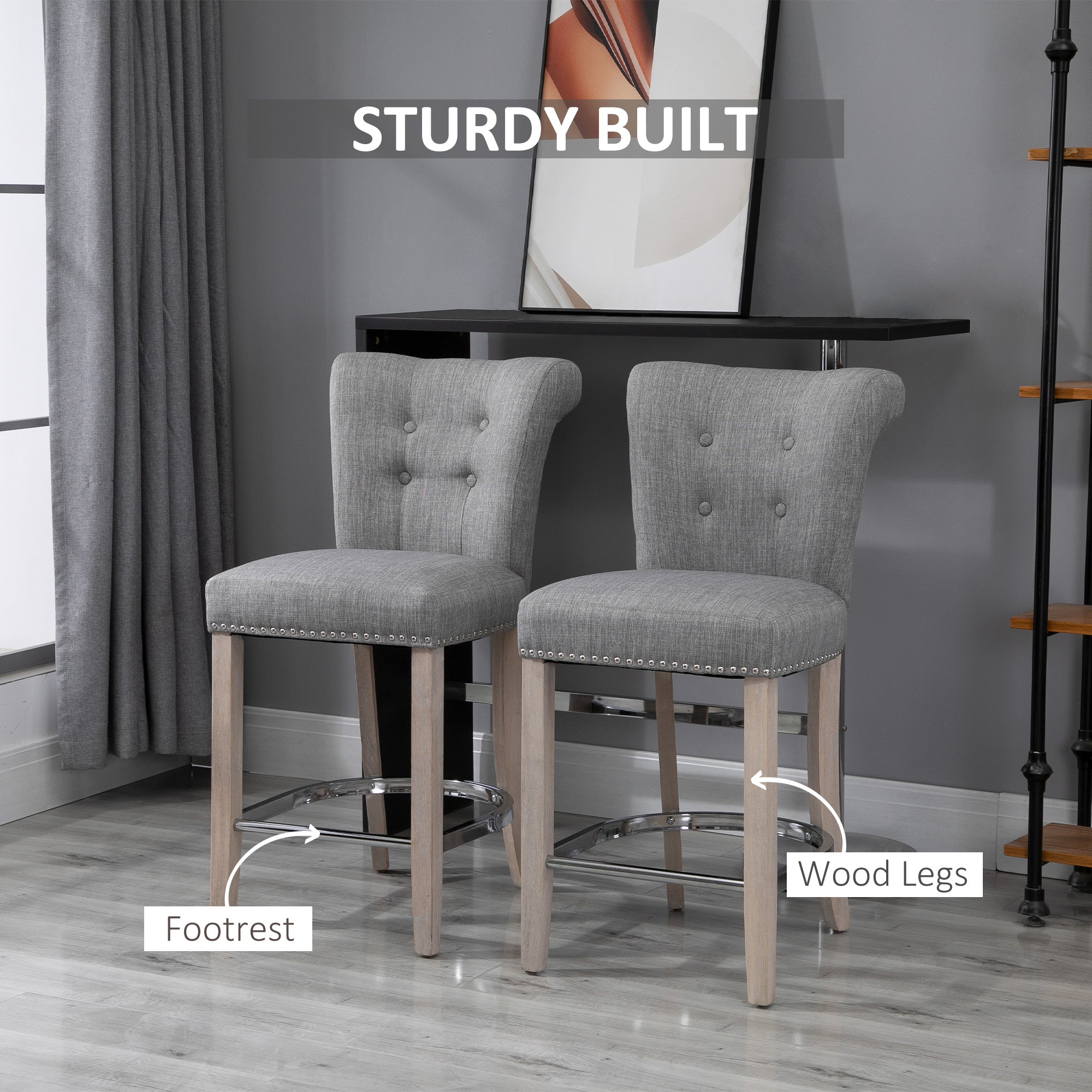 Linen Bar Stools Set of 2, Dining Chair with Footrest and Solid Wood Leg, Grey Bar Stools   at Gallery Canada