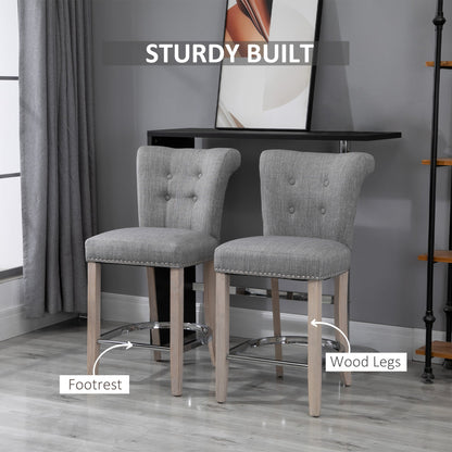 Linen Bar Stools Set of 2, Dining Chair with Footrest and Solid Wood Leg, Grey Bar Stools   at Gallery Canada