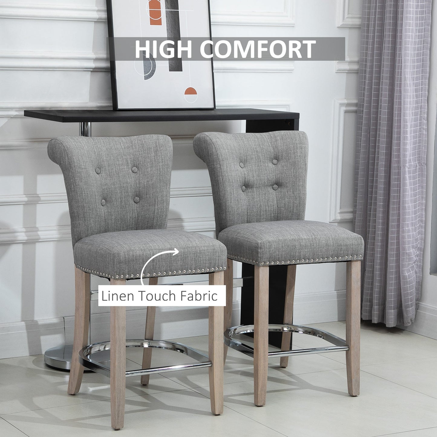 Linen Bar Stools Set of 2, Dining Chair with Footrest and Solid Wood Leg, Grey Bar Stools   at Gallery Canada