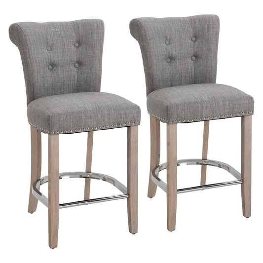 Linen Bar Stools Set of 2, Dining Chair with Footrest and Solid Wood Leg, Grey Bar Stools Grey  at Gallery Canada