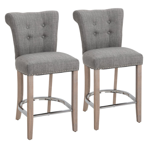 Linen Bar Stools Set of 2, Dining Chair with Footrest and Solid Wood Leg, Grey