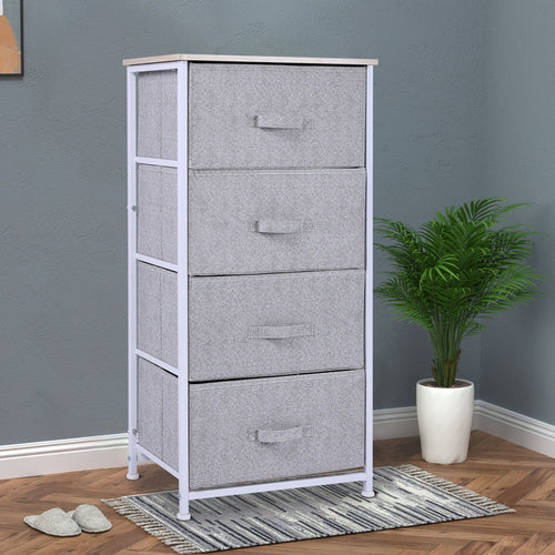 Linen Drawer Cabinet Organizer Storage Dresser Tower with 4 Removable Drawer Metal Frame Adjustable Feet for Living Room, Kitchen, Bathroom, White