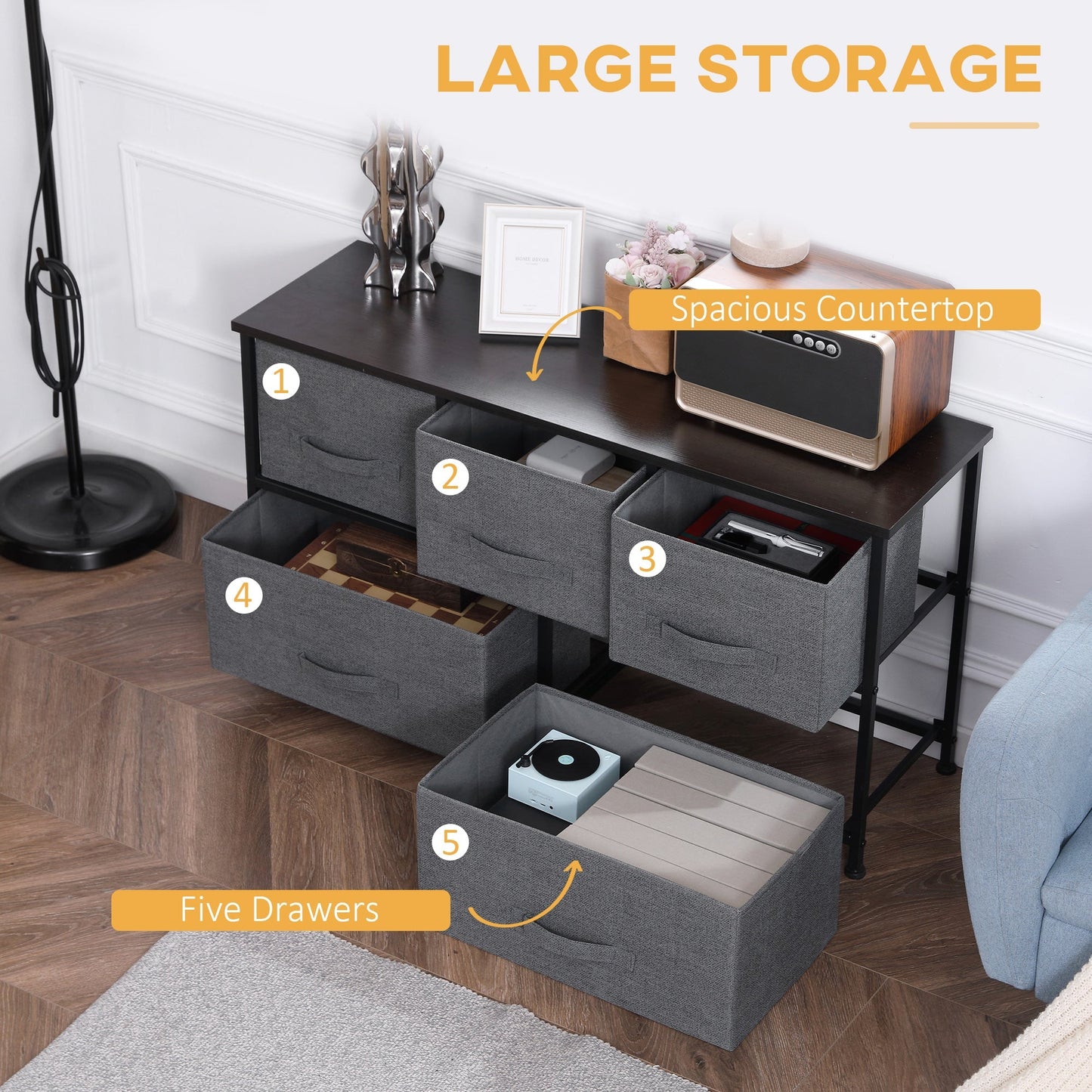 Linen Drawer Cabinet Organizer Storage Dresser Tower with 5 Removable Drawer Metal Frame Adjustable Feet for Living Room, Kitchen, Bathroom, Dark Grey Storage Cabinets   at Gallery Canada