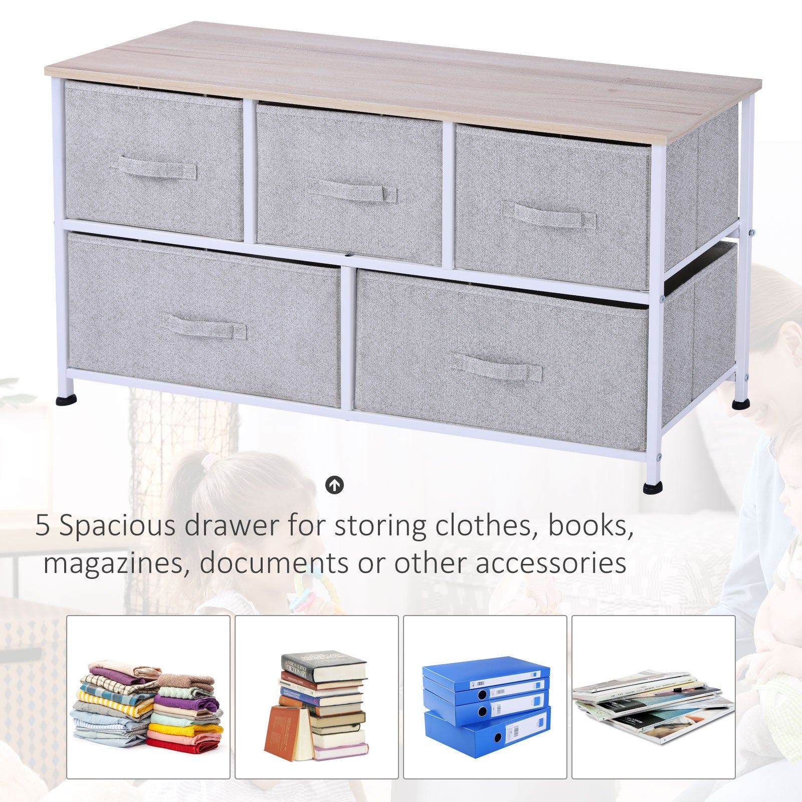 Linen Drawer Cabinet Organizer Storage Dresser Tower with 5 Removable Drawer Metal Frame Adjustable Feet for Living Room, Kitchen, Bathroom, Grey Storage Cabinets   at Gallery Canada