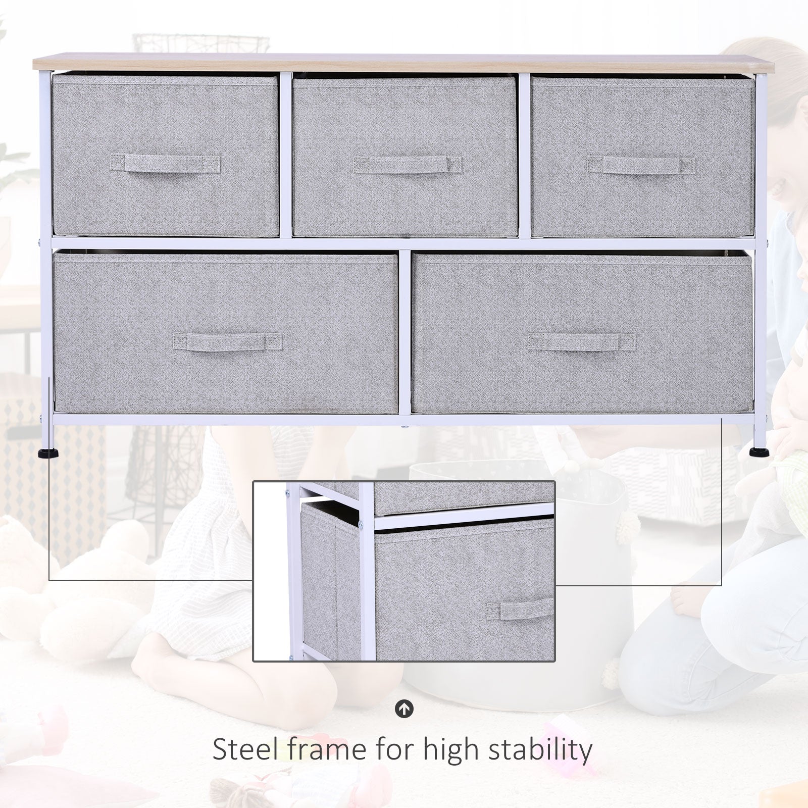 Linen Drawer Cabinet Organizer Storage Dresser Tower with 5 Removable Drawer Metal Frame Adjustable Feet for Living Room, Kitchen, Bathroom, Grey Storage Cabinets   at Gallery Canada