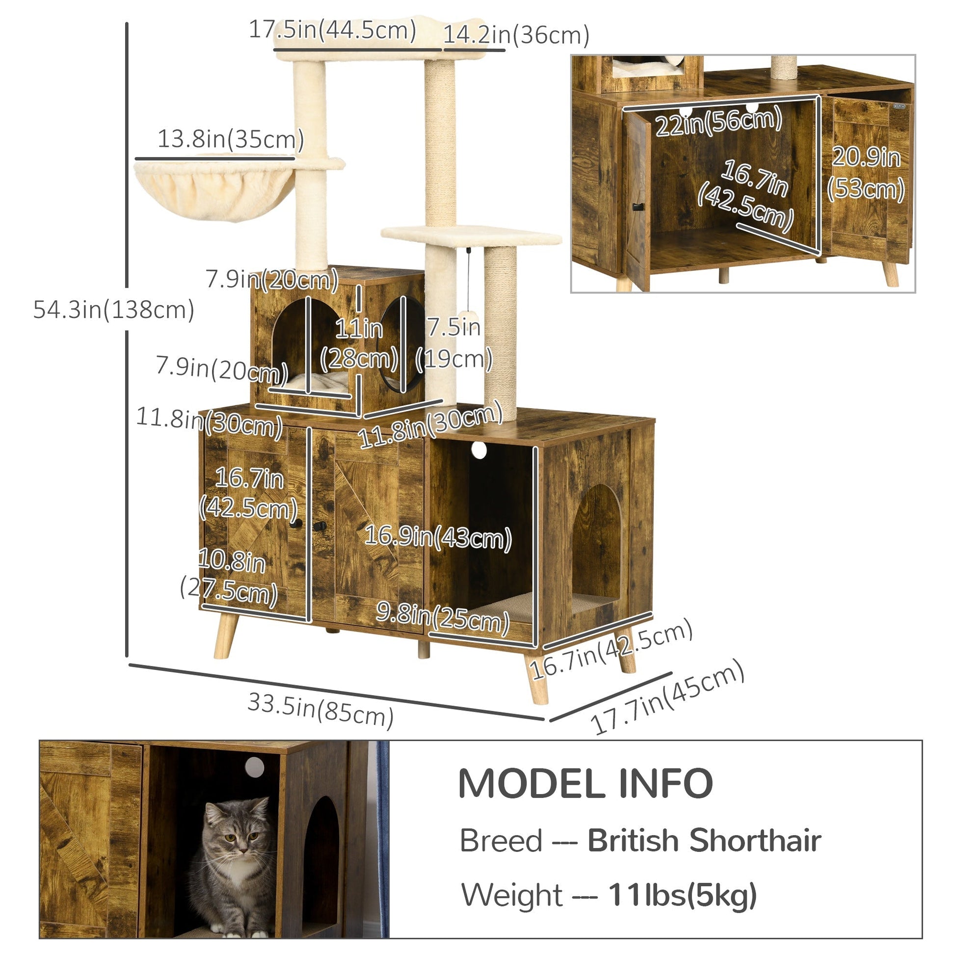 Cat Tree Tower with Litter Box Enclosure, Condo, Scratching Posts, Hammock, Rustic Brown Cat Litter Box Enclosures   at Gallery Canada