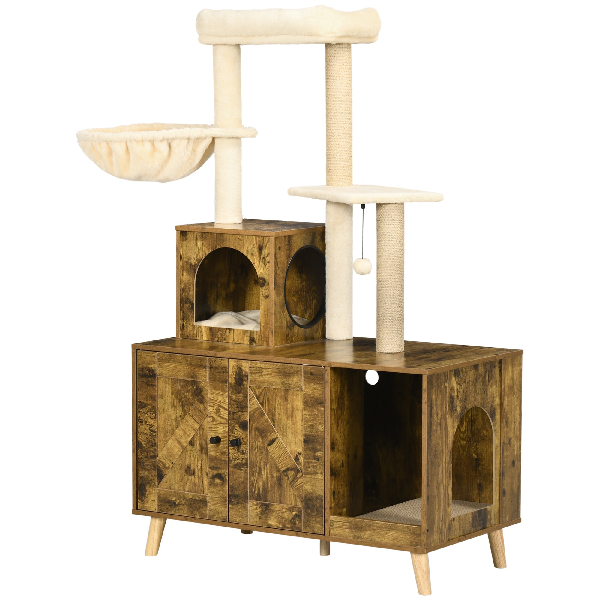 Cat Tree Tower with Litter Box Enclosure, Condo, Scratching Posts, Hammock, Rustic Brown Cat Litter Box Enclosures Multi Colour  at Gallery Canada