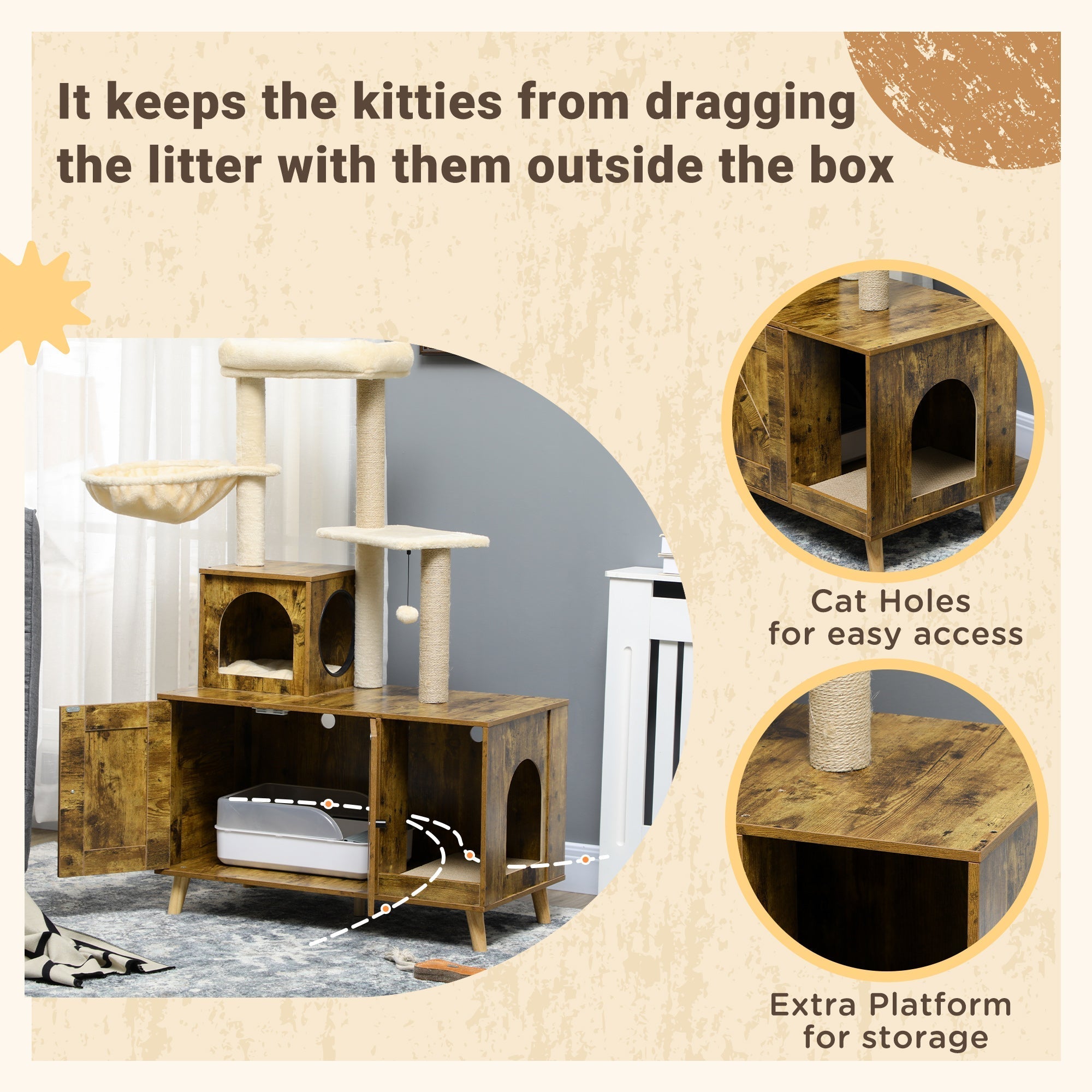 Cat Tree Tower with Litter Box Enclosure, Condo, Scratching Posts, Hammock, Rustic Brown Cat Litter Box Enclosures   at Gallery Canada