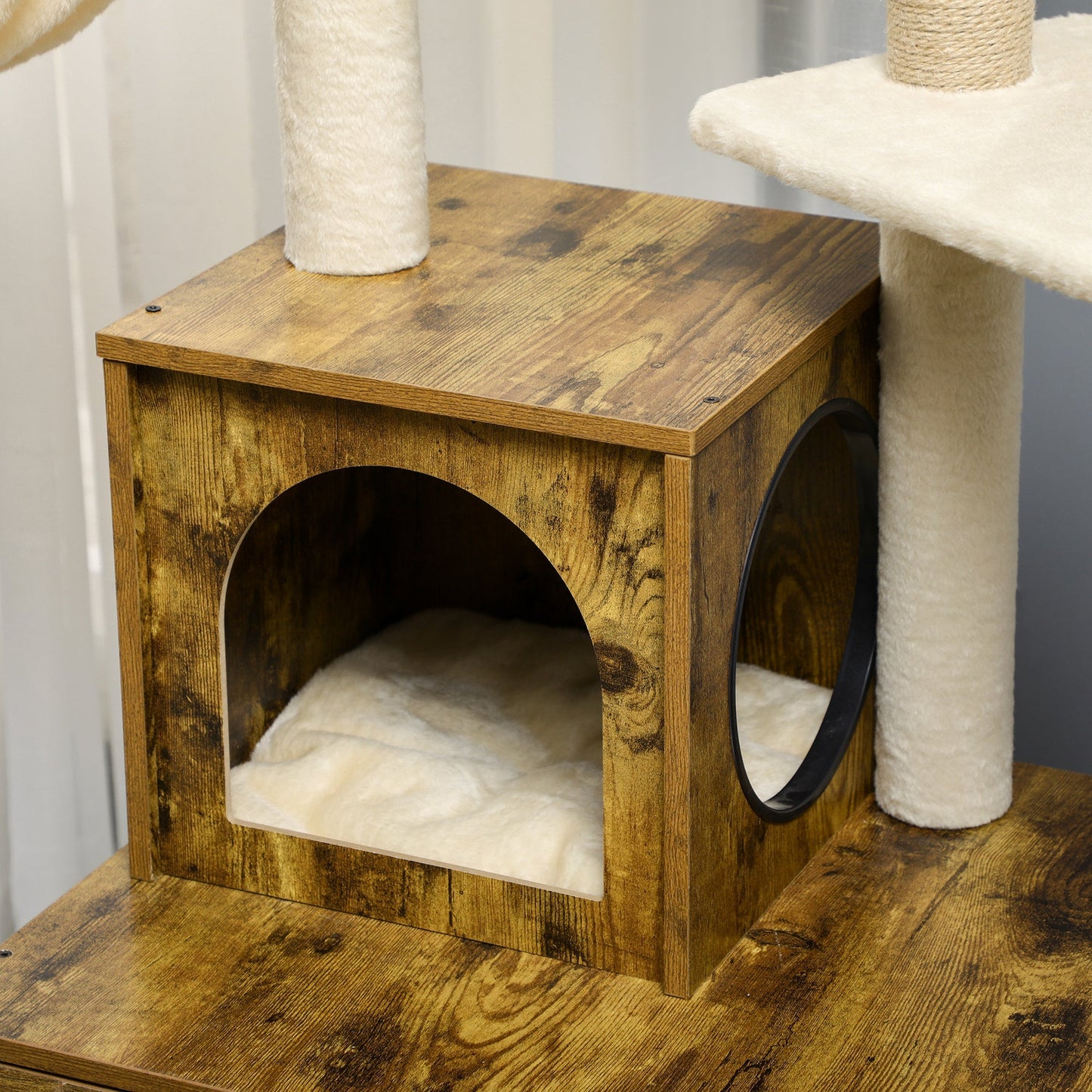 Litter Box Enclosure with Cat Tree Tower, Hidden Cat Washroom Furniture with Condo, Scratching Posts, Large Platform, Hammock and Soft Cushion, Rustic Brown - Gallery Canada